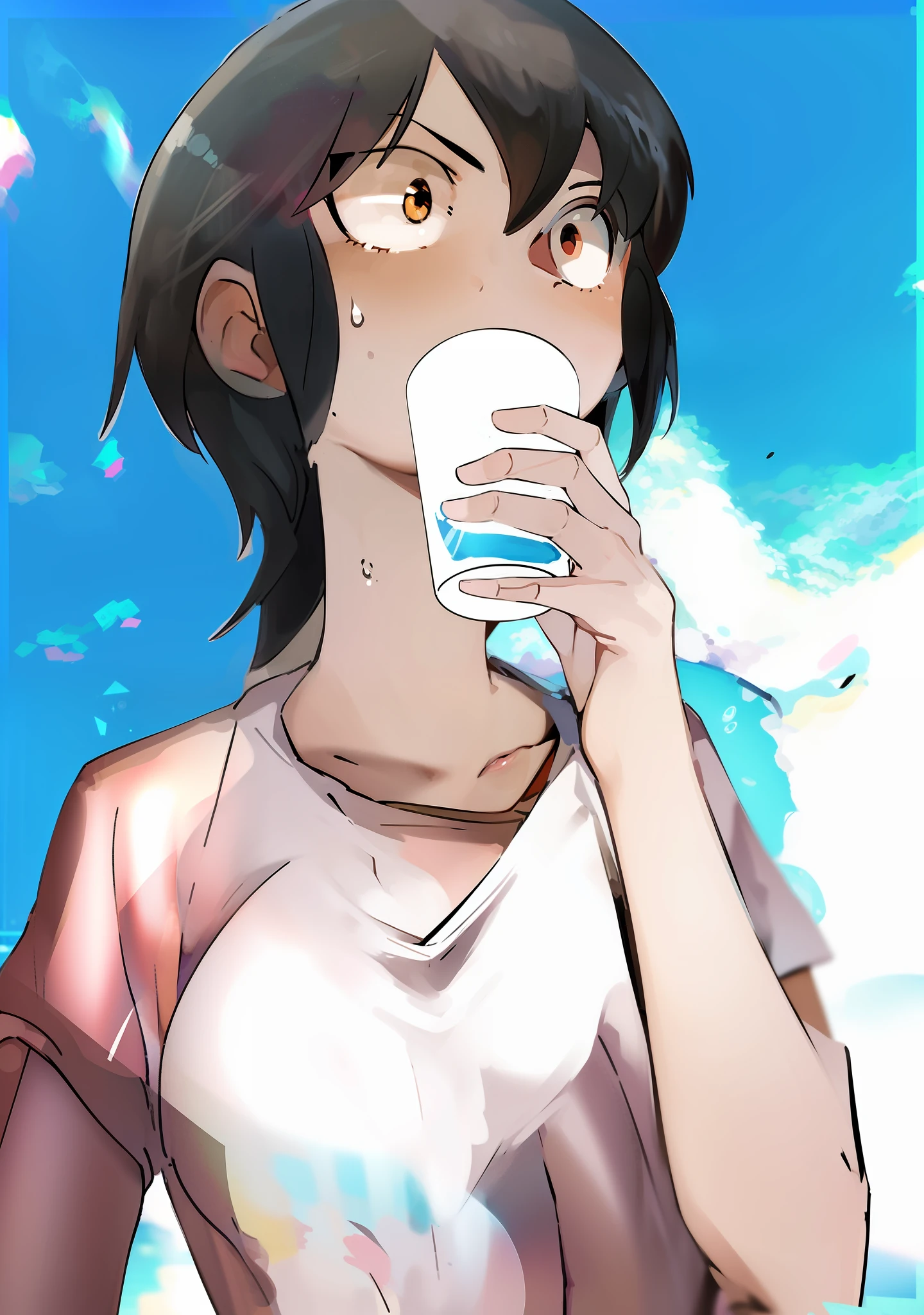 Short-haired boyish girl drinking water、White tightTI'm wearing a shirt