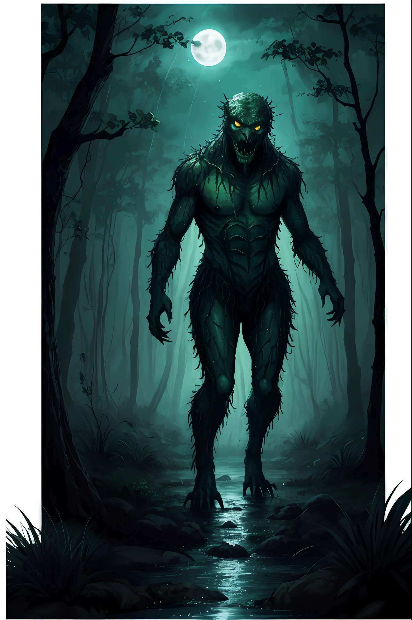 mysterious dark swamp monster coming out of the water moss slime vines tentacles fireflies midnight moonlight backlight (obra-prima) (illustration) (melhor qualidade) (detalhado) (intrincado) (8k) (HDR) (papel de parede) (cinematic lighthing) (Nitide focus)