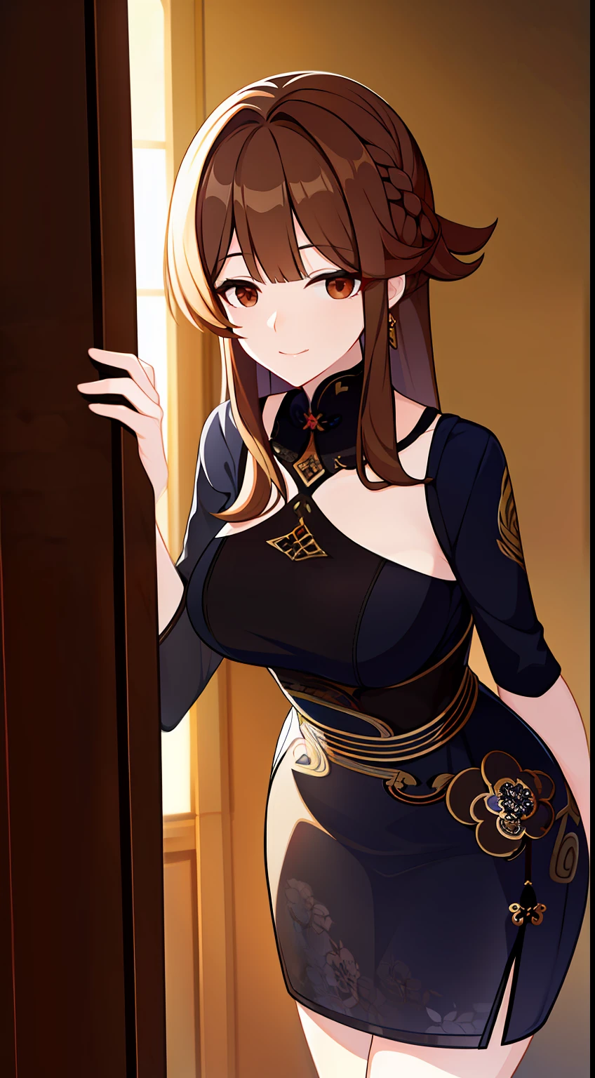 Adult woman, long light brown hair, Brown eyes, Black blue Chinese dress, Smile, Masterpiece, hiquality