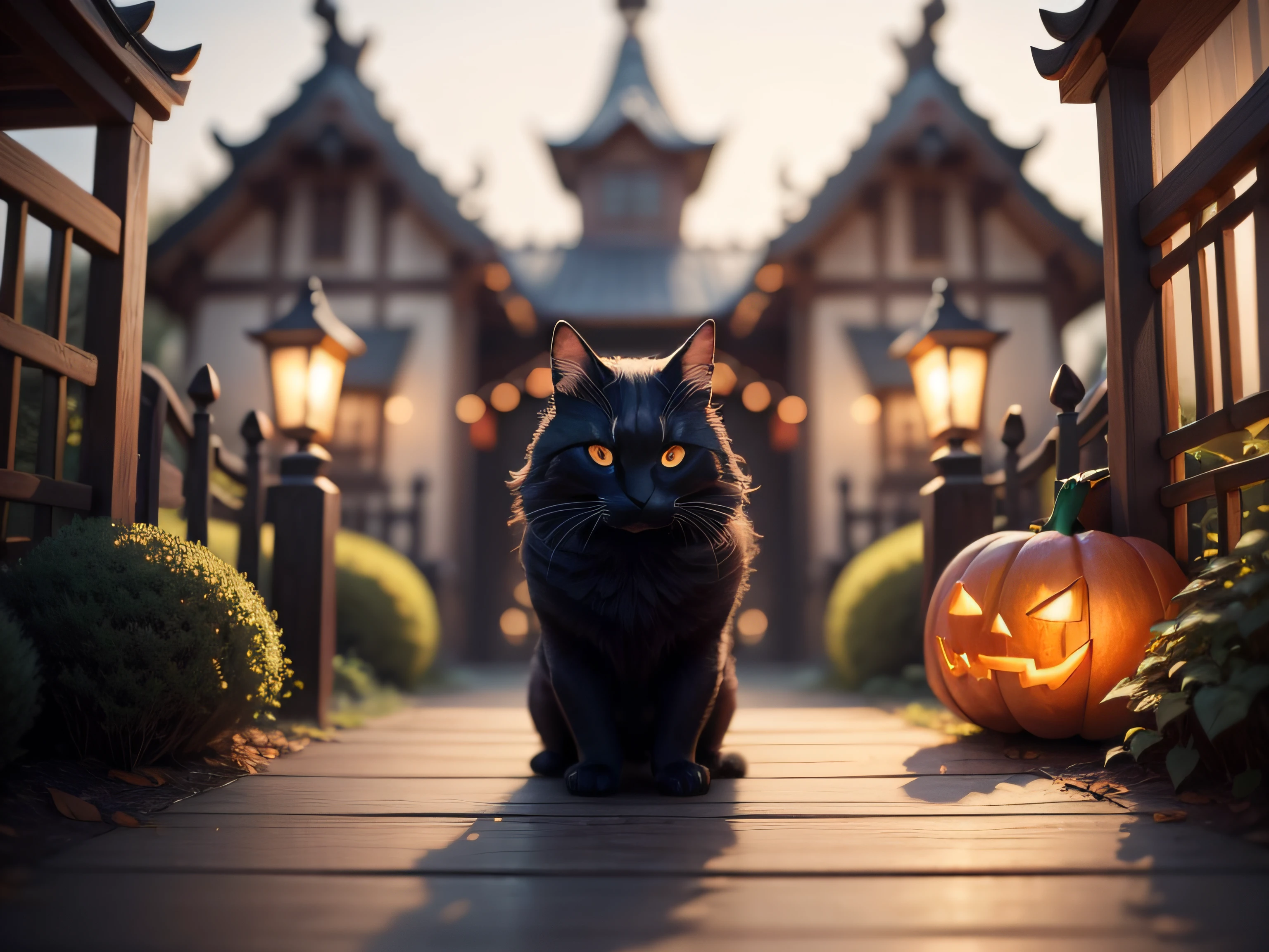 Halloween Garden、No humans、depth of fields、(blurry backround))、 Wooden plank wall on background、masterpiece、top-quality、The ultra-detailliert
