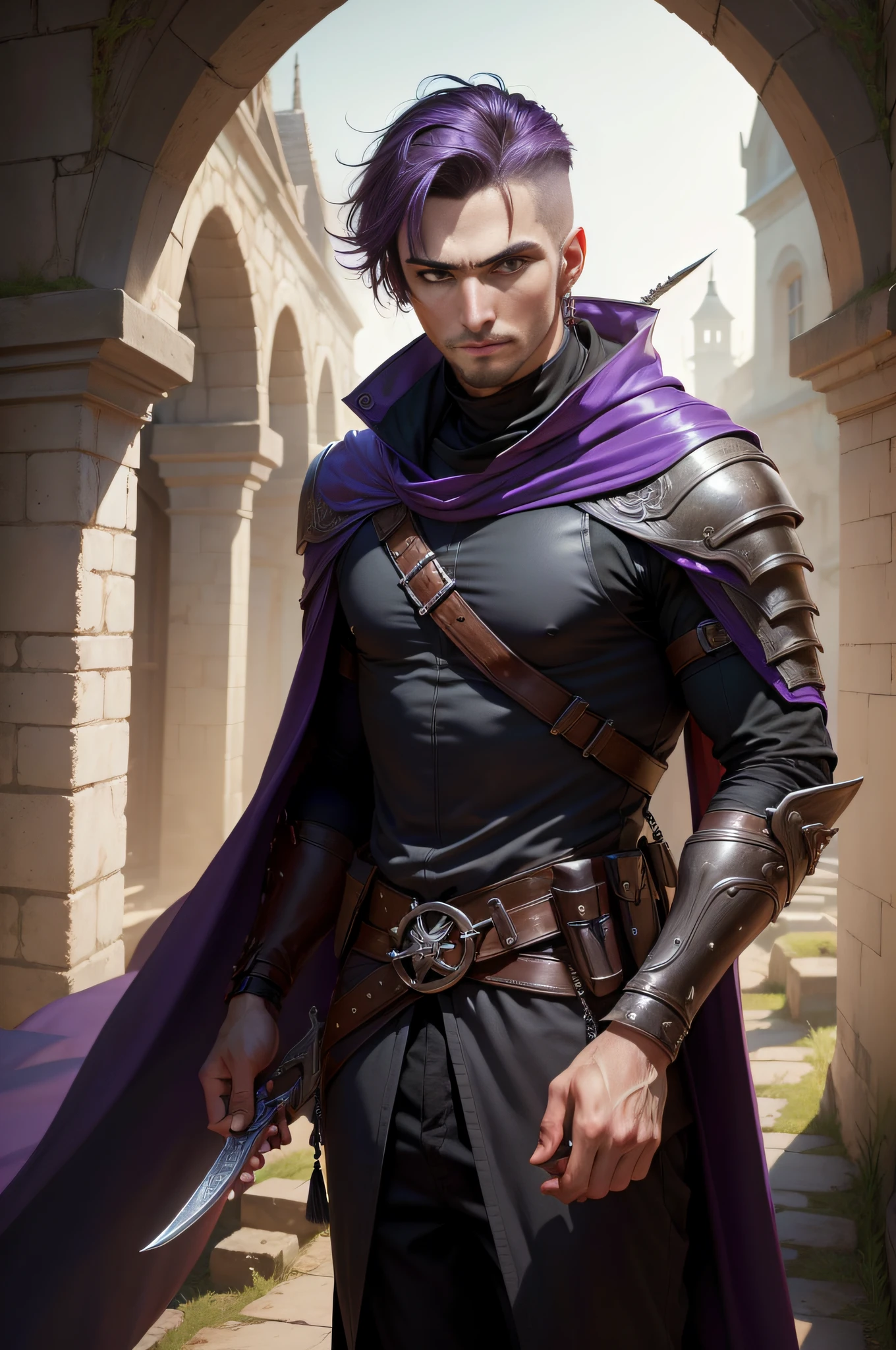 (((masterpiece, best quality, ultra detailed))), (male assassin get ready for battle, looking to viewer, perfect fingers, perfect hands), 35 years old, medieval empty ruins as background, from above, backlighting, unapproachable vibe, expressionless, purple hair, very short hair, male face, male eyebrows, male eyes, sharp nose, facial muscle, adam's apple, (sharp eyes), red pupils are glowing, medieval Assassin costumes, long assassin cloak,