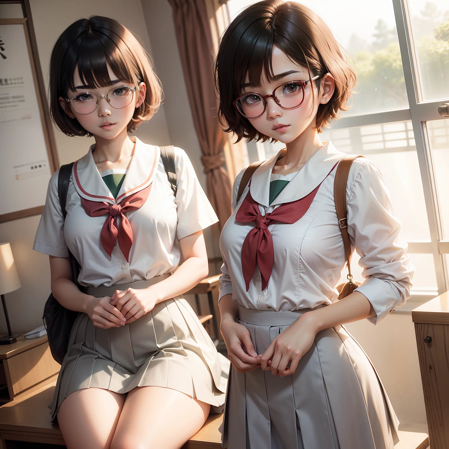 Anime, short hair, Round glasses, Japanese white school uniform,