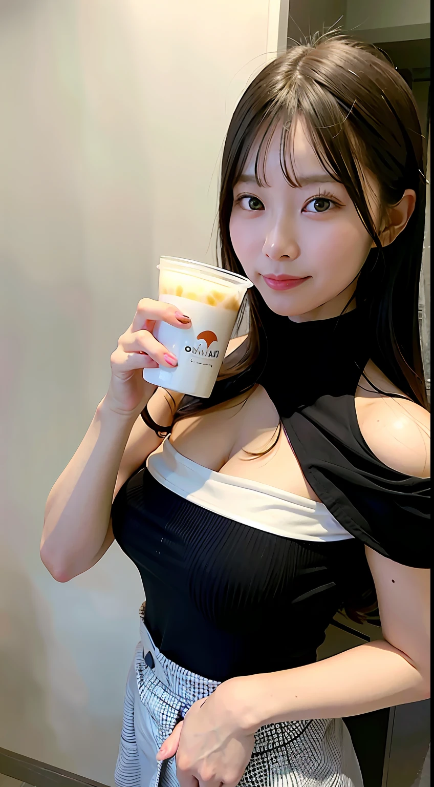best qualtiy,超高分辨率,(真实感:1.4),1girl,Off-shoulder white shirt,Black tight skirt,Black collar,(Faded gray hair:1),(gigantic cleavage breasts:1.2),looking at viewert,Close-up holding milk tea