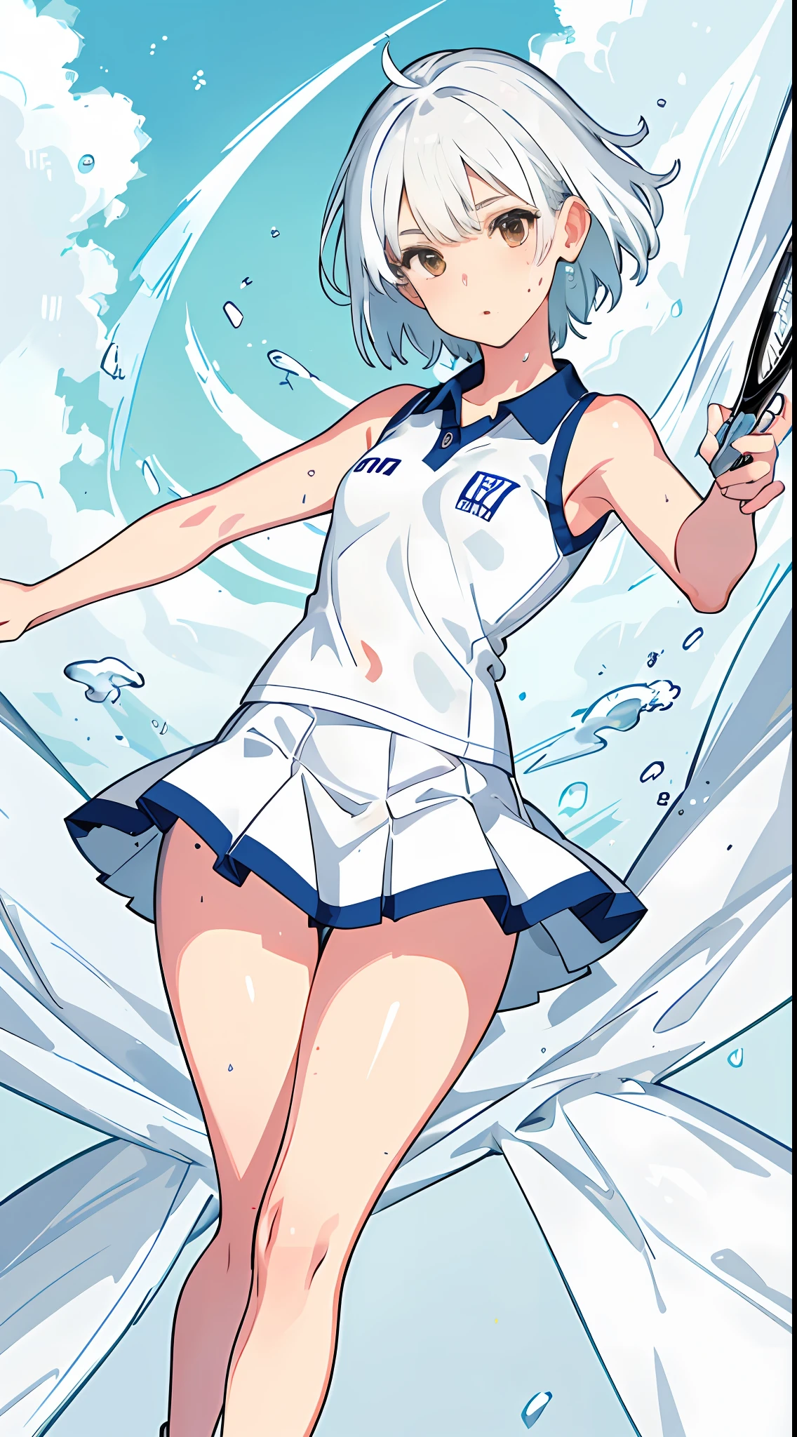 1girl, solo, white polo shirt, white sneakers, tennis wear, white miniskirt, masterpiece, best quality, realistic, hyper-detailed, (shiny skin, sweaty:1.4), absurd, looking at viewer, short black hair, brown eyes, slender, dynamic lighting, high resolution, sharp focus, depth of field, detailed eyes, sharp pupils, realistic pupils, (small breasts:1.6), (thick thighs:1.0), outdoor, sky