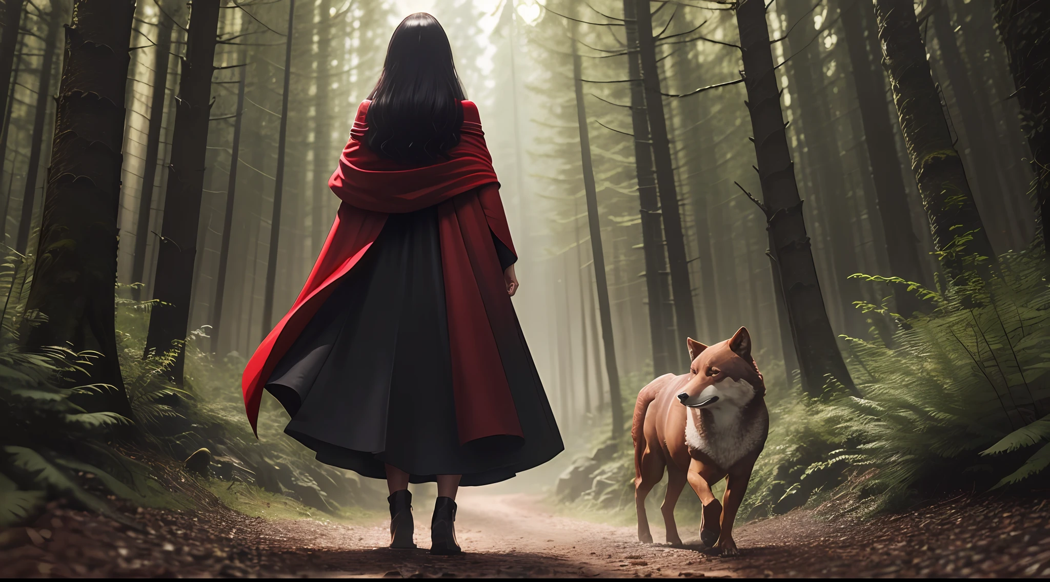 A dark-haired girl in a red cloak and a brown wolf run through the forest, Face away from the camera,8K,hyper HD,full bodyesbian,Stand far away,Stay away from the lens,SLR lens,SLR camera