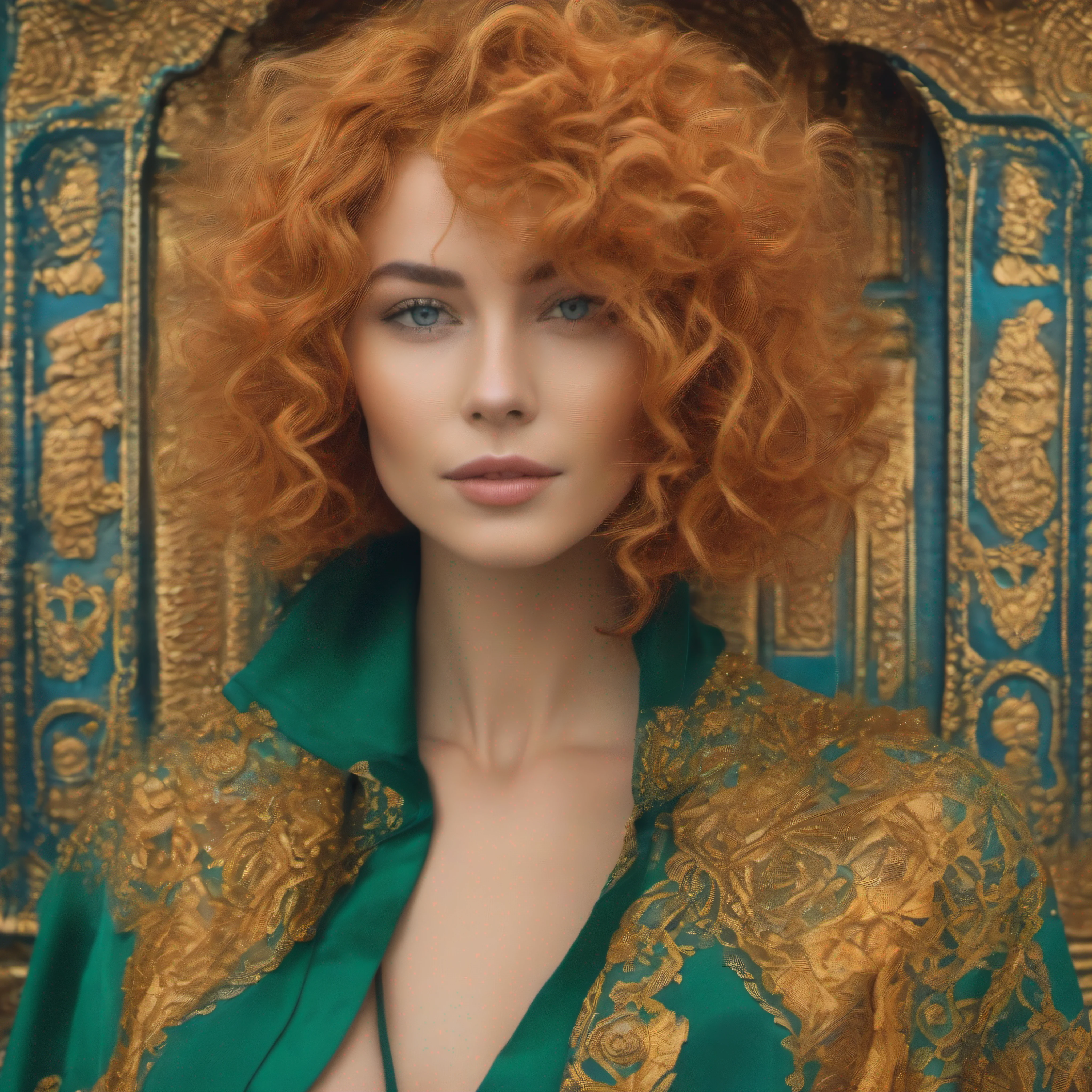 Beautiful woman, thin, thin silhouette, short hair voluminous wavy orange curls, square face, (expression with discreet smile), thick eyebrows, blue eyes, shirtless, green coat with golden ornaments, bare belly, ornate silk pants, visible abdomen and pectoral, wavy spiky short hair, detailed nature background