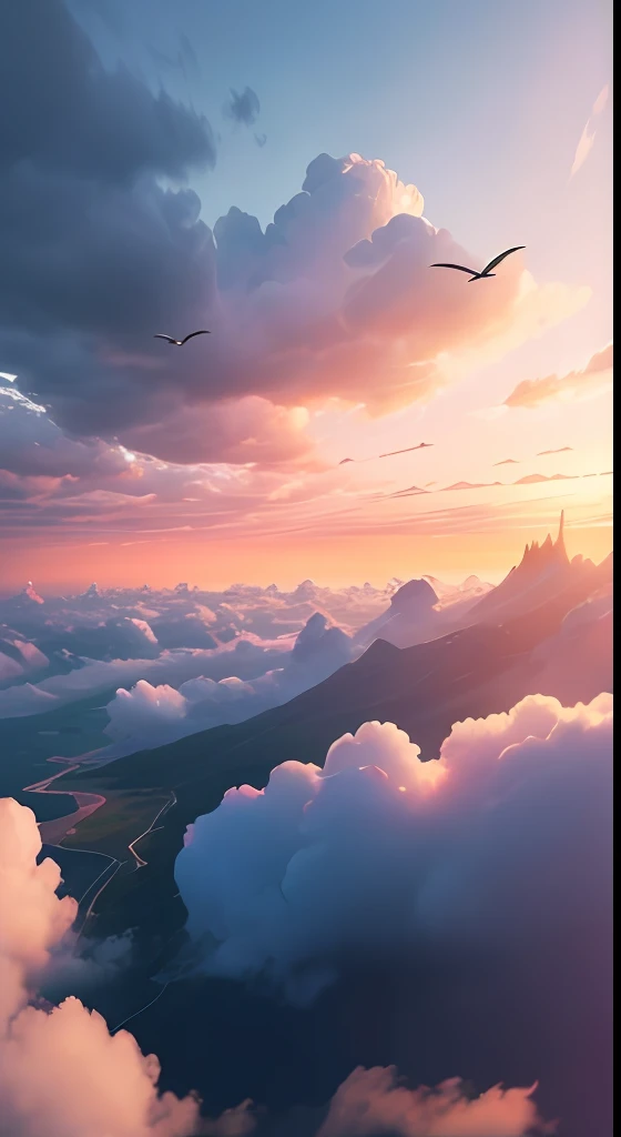 Flock of birds in a delightful sky with clouds and soft rays, epic landscape, very good quality, professional, movie
