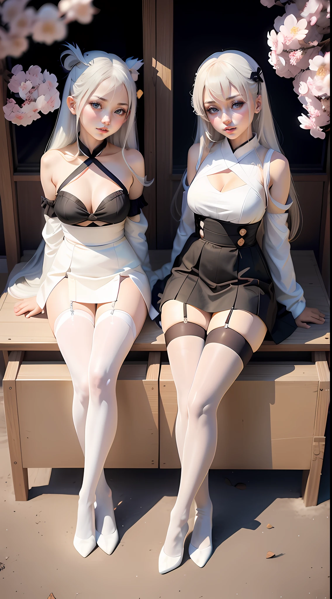 quadratic element,White color hair,japanaese girl,Light-colored top,black lence stockings,Blue sky cherry blossoms,sit on chair,full body shot shot,The proportion of girls occupies 1 of the canvas/3,Slim figure,No shoes,The sole of the stockings faces the camera