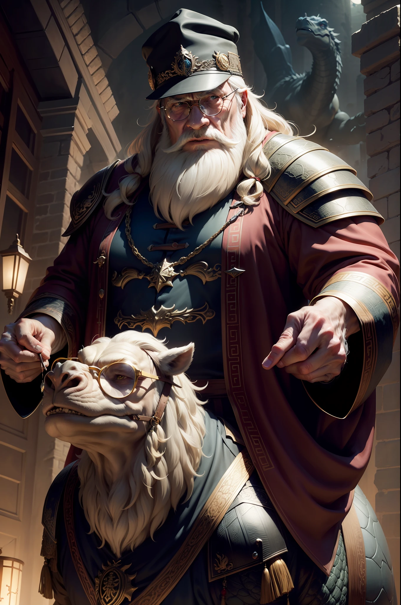 dumbledore，a old man，Big chest，wearing an outfit，Wearing Chinese dragon armor，Wearing a crocodile head hat,muscle men， Man ,Wear half-moon glasses，Realiy，Riding a camel