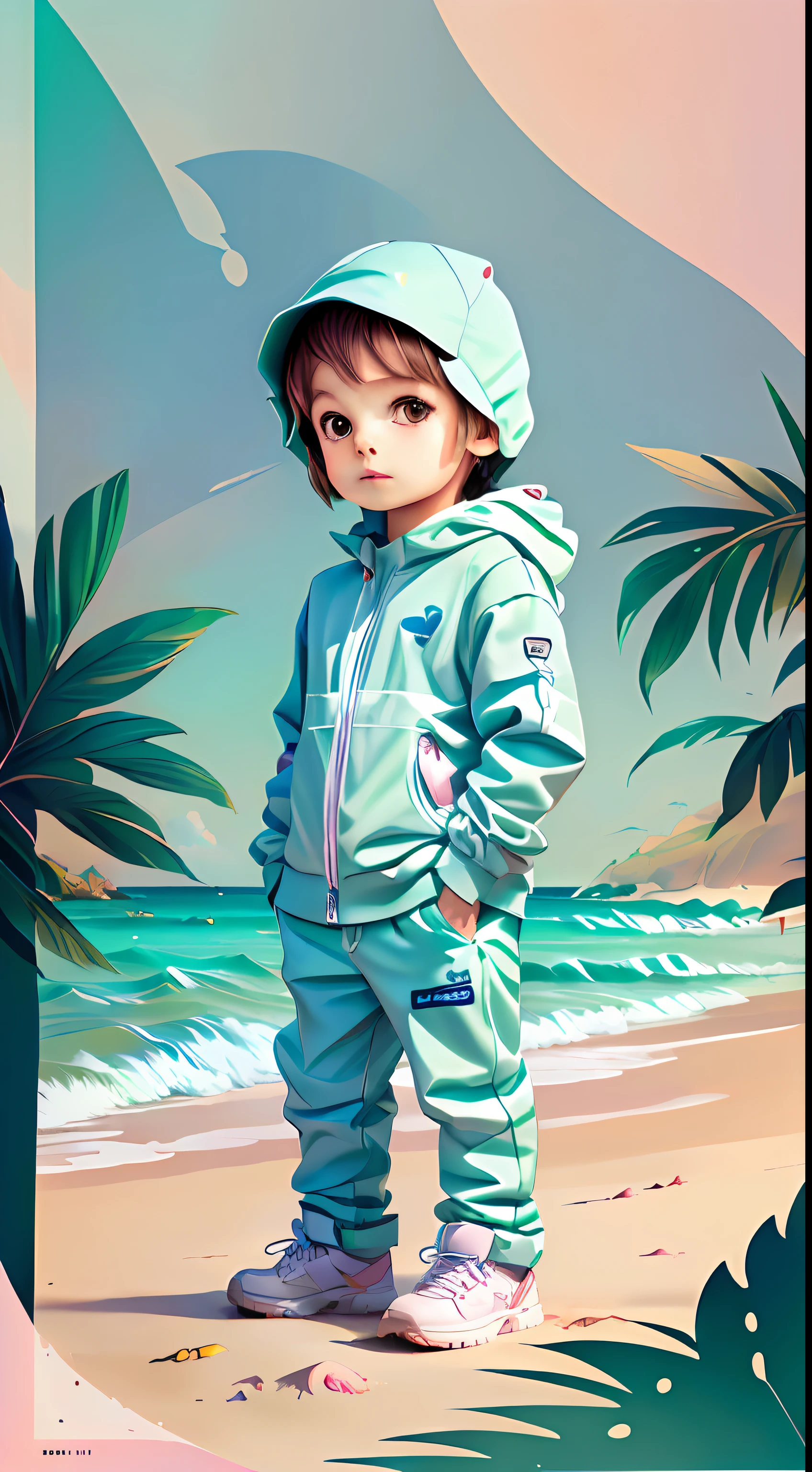 white,totally white,pastel colors,hachures,chibi style, 1 cute little boy with techwear clothes, on the beach background