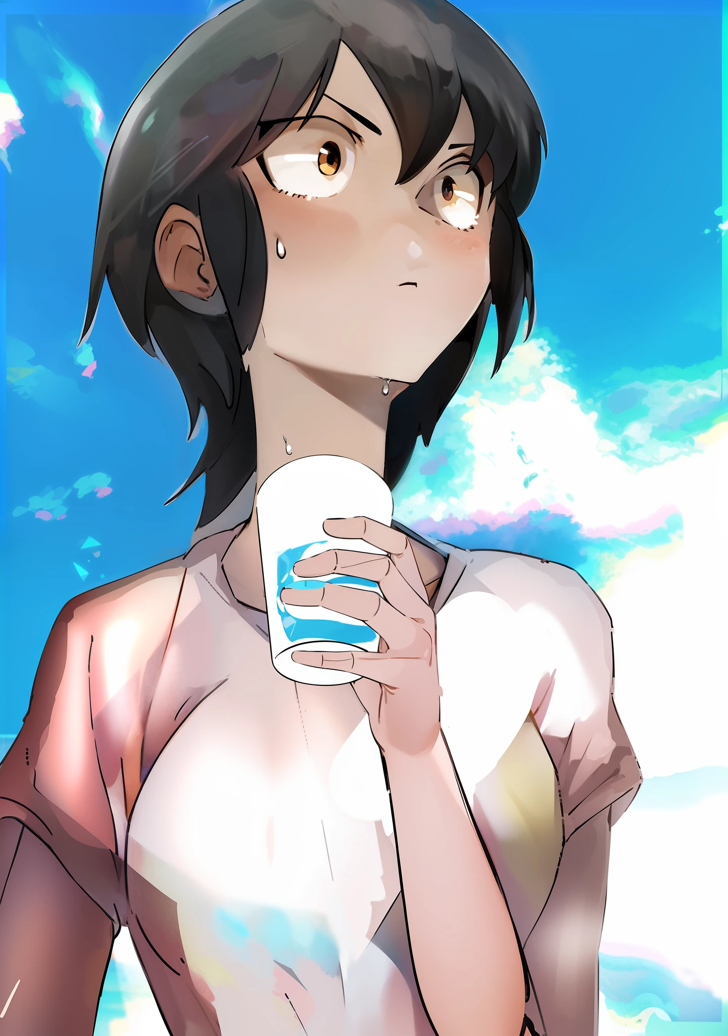 Short-haired boyish girl drinking water、White tightＴI'm wearing a shirt