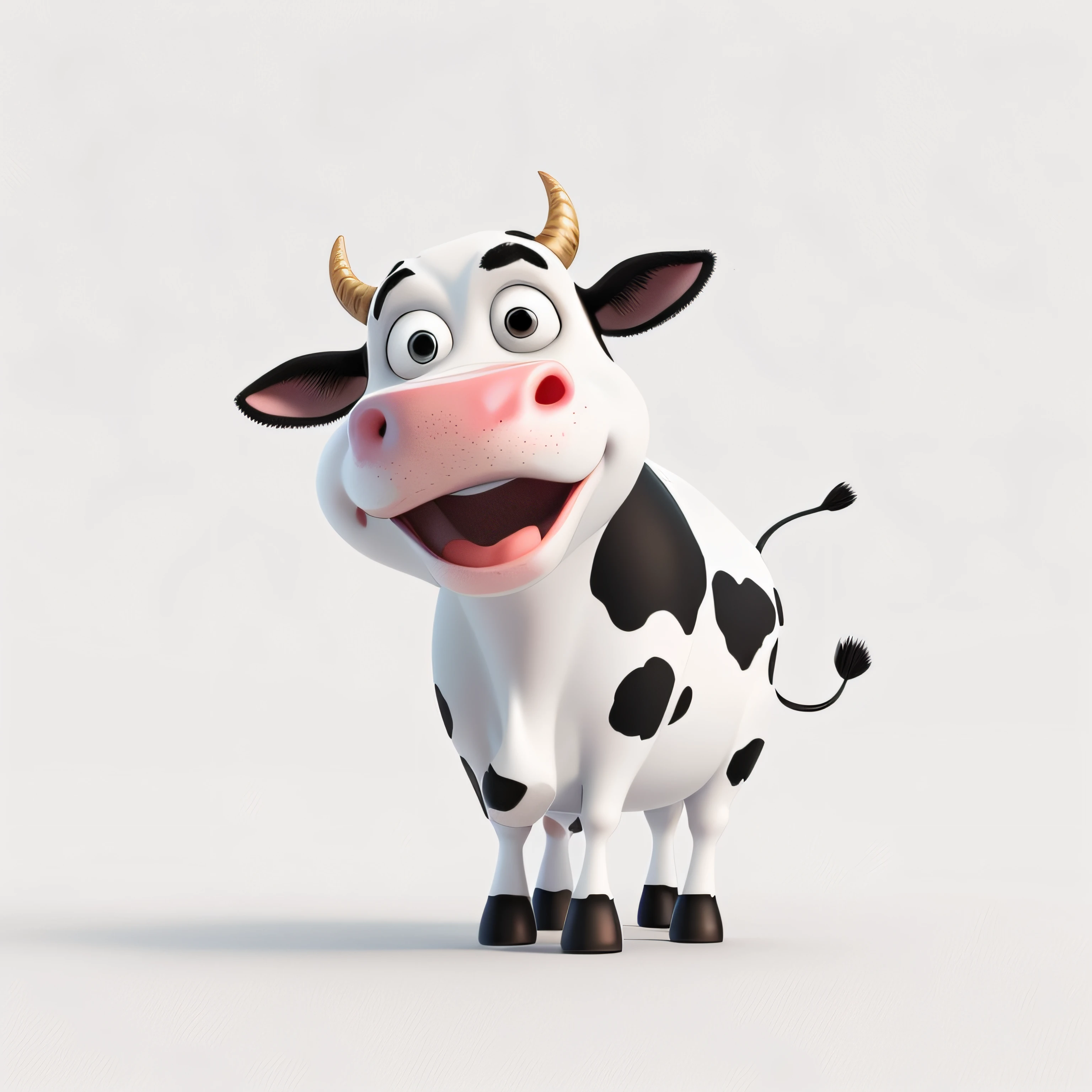 Araffe with horns and a black and white face standing in a white room, vaca, Bovina, "Retrato de um animal de desenho animado, vacas, um boi, Representado como um personagem da Pixar, 3 d animado, 3d animado, Fantastic , Mikevaca, bonito 3 d render, hd illustration, Funny, vaca voadora, Described as a 3D rendering
