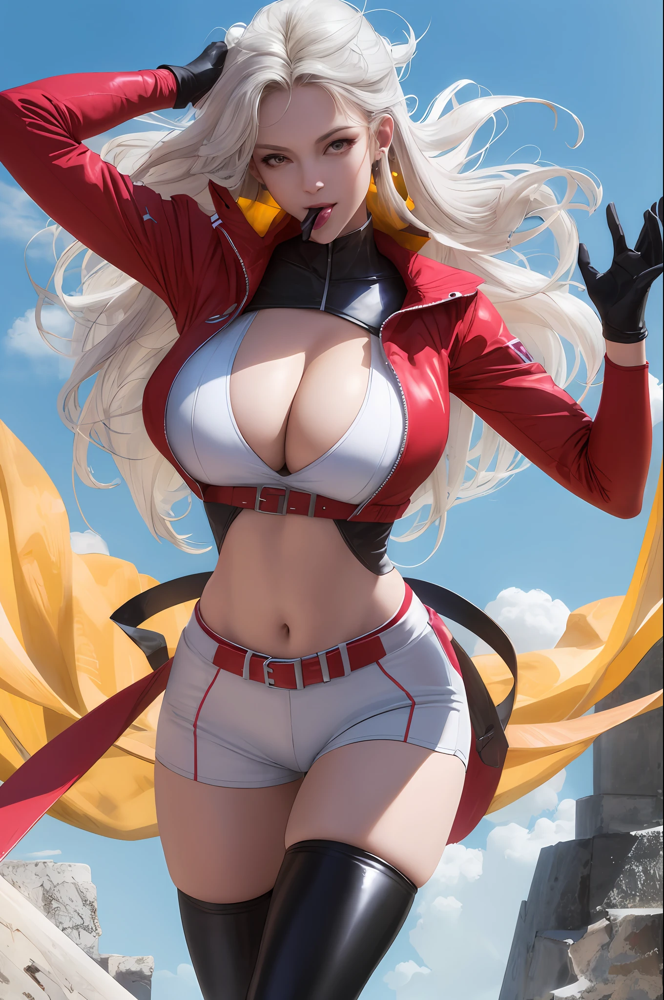 (RAW photo, best quality, mastery:1.2), (realistic, photo-realistic:1.4),(masterpiece:1.4),(best quality:1.4),1girl, solo, :d, Ear headphones, beast ear, Arms up,By bangs,Be red in the face,Tights,nedium breasts,rabbit pose,Clothes writing,Cover the navel,cowboy lens,Cropped jacket,fakeanimalears,mitts,exteriors,Morning,yuki,hair intakes,Earphone,Impossible tights,Impossible clothes,jaket,huge tit,latex,latex body suit,long whitr hair,longer sleeves,looking at viewert,huge tit,Multicolored gloves,with her mouth open,Pink tights,Pink eyes,red color eyes,red blous,shinning clothes,shrug\(The clothes ar\),sidelocks , tight-fitting, ssmile, Thigh crevices, upper legs, dual horsetail, Very long hair, whitegloves, White hair, alice\(nikke\),(shiny skin), realisticlying,nakeness