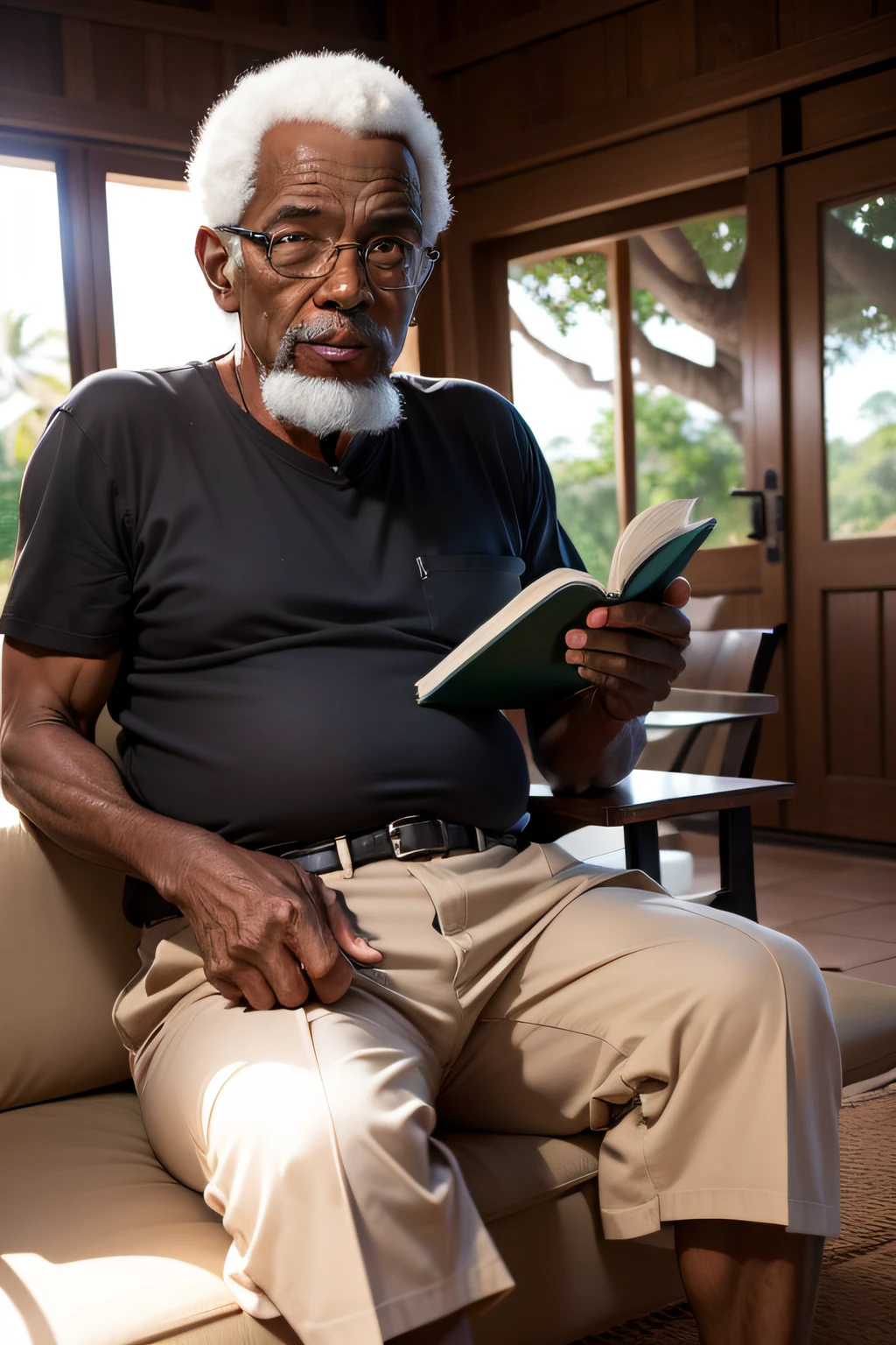 Christian man, 60 anos, negro, em uma casa de campo, with the Bible in His hand, olhando para frente.