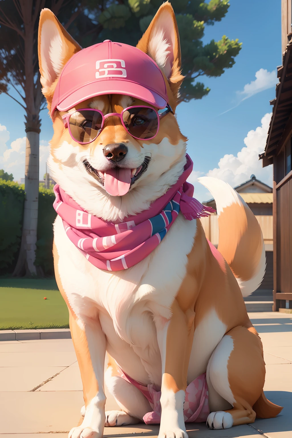Pink sunglasses with wide rims。Blue patterned scarf。 Shiba Inu of Japan、Close to the photo、Realistic images in every detail、On the lawn、Seated Pose、Dog smiling with a slightly open mouth。Wearing a red baseball cap diagonally on his head。Pink sunglasses with wide rims、Scarf with blue pattern R。
