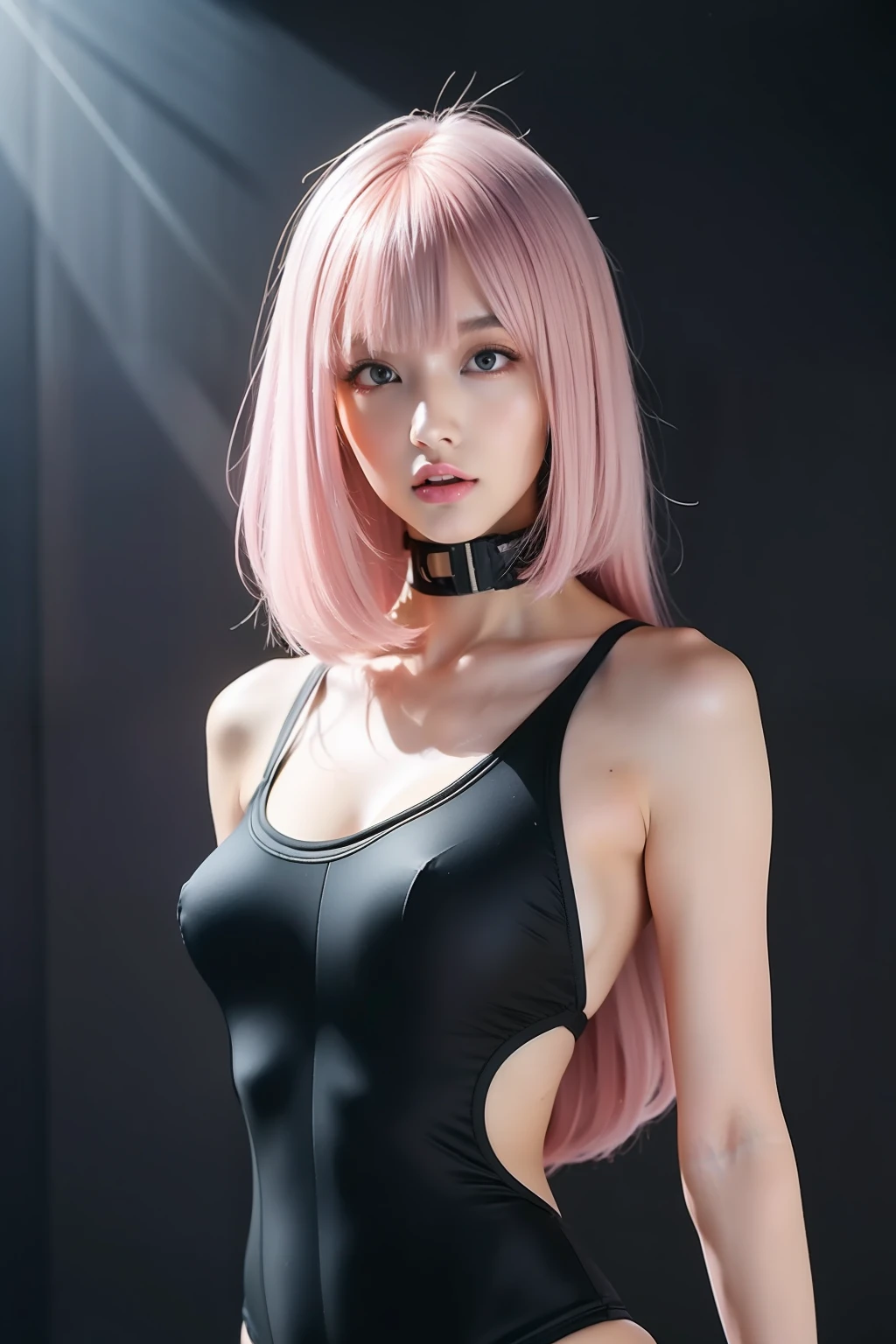 soldier suit girl, gun, superlative, masterpiece, seduction, full body, heavy makeup, hair ties, slightly open mouth, big eyes, glossy, very pretty face, slender waist, sex pack, light pink hair