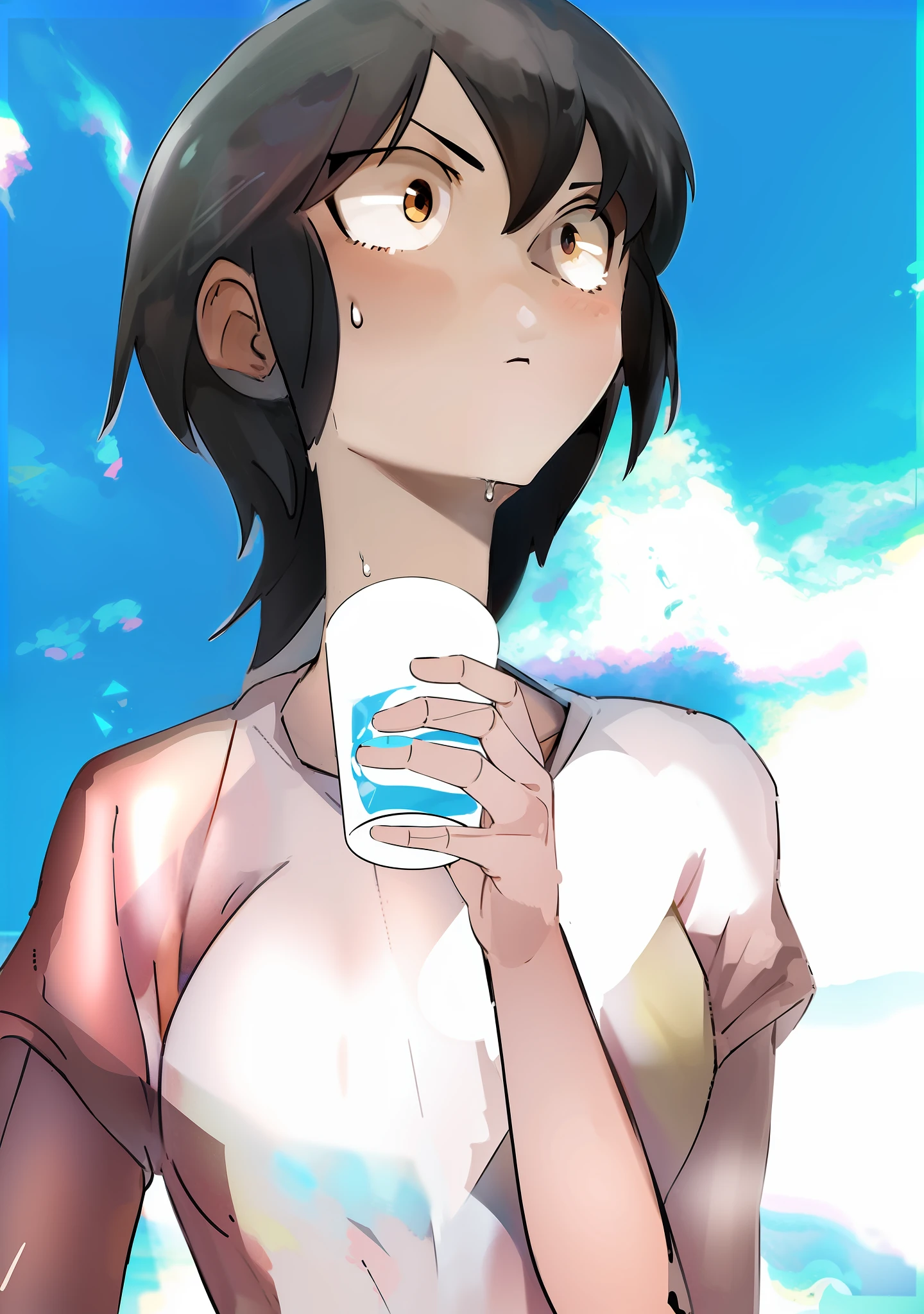 Short-haired boyish girl drinking water、White tightTI'm wearing a shirt