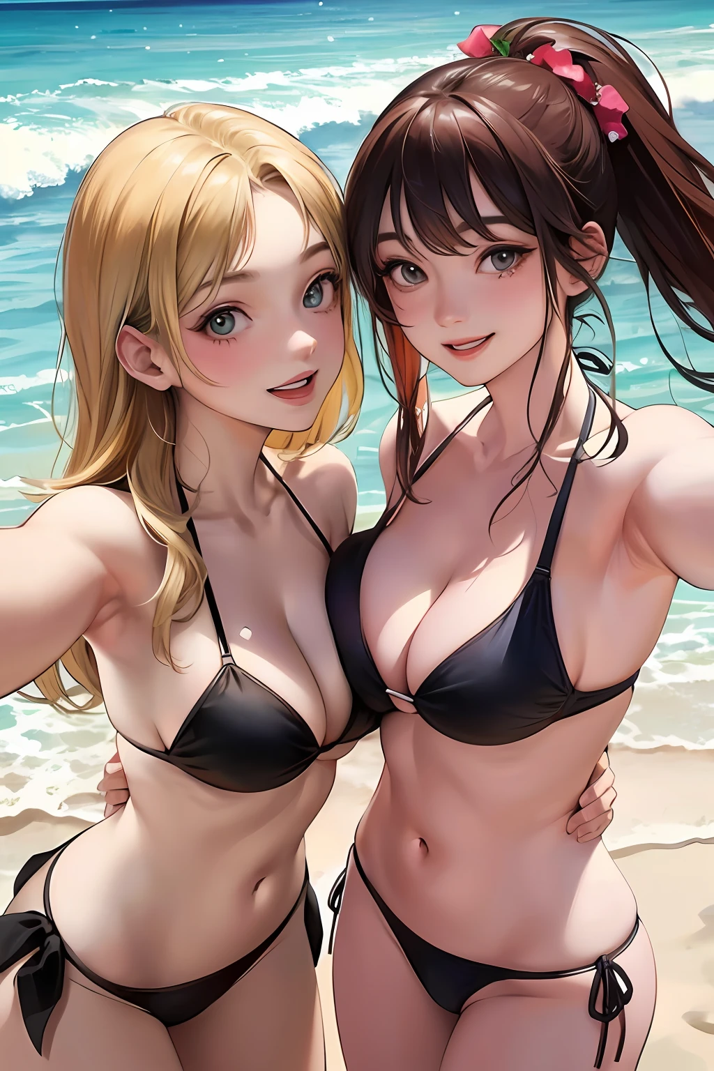 Realistic, Selfie of two girls, close contact with both breasts, wearing a bikini, big breasts, smiling face