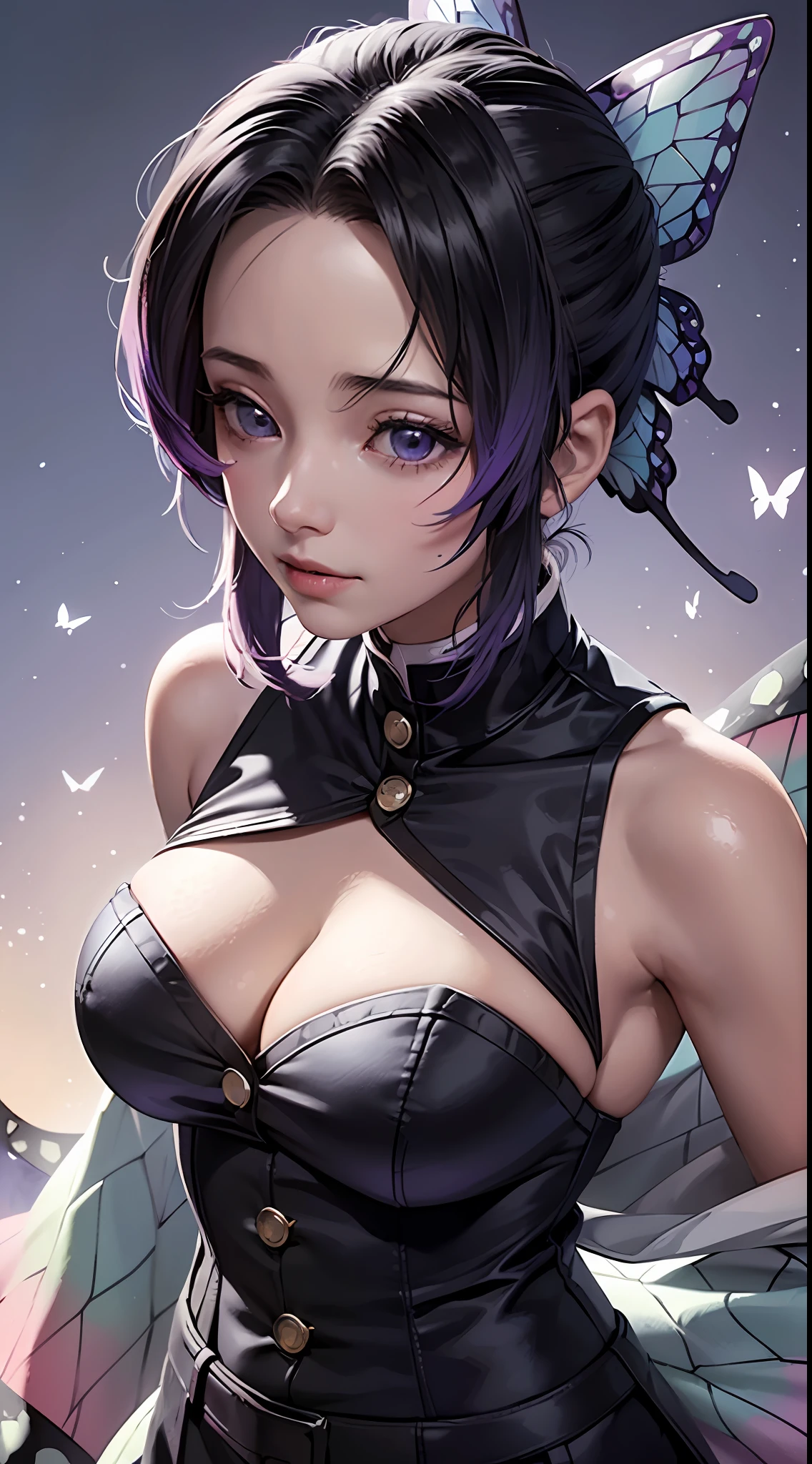 Ultra-realistic 8k CG，tmasterpiece，（（Ultra detailed backgrounds，delicate patterns，Complicated details）），Best quality at best，very vey very detailed face，very detailed eyes and faces，Very detailed eyes，kochou shinobu，O cabelo multicolorido，No bangs，hair intakes，Purple eye，forehead，black shirt，Black pantsuit，haori，butterflys，button，obi strip，（trpical garden：1.2），purple flower，tchibi，mostly cloudy sky，rays of sunshine，Tyndall effect，gradient_sky，the face，beautiful sky，Saber at the waist，captivating posture，Large breasts，cleavage，Off-the-shoulder attire