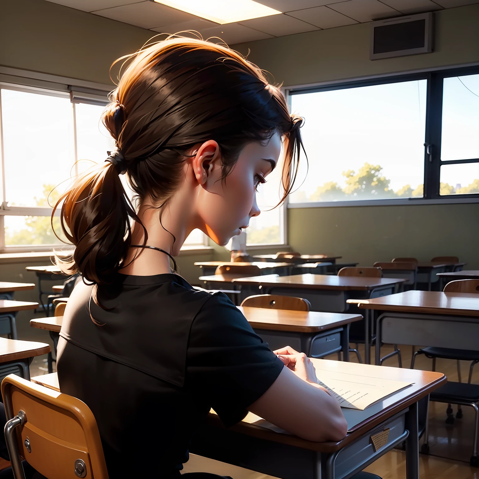In a high school classroom, There were five or six rows of classmates chatting,Looking back, a girl with her head down,Her side face is delicate and beautiful,She was writing her homework seriously, The ceiling fan above her rattled, And only a little side face can be seen,The girl wears a ponytail,The girl is so skinny and small,Wear short black sleeves,Wear slacks,You can see a few words on the board