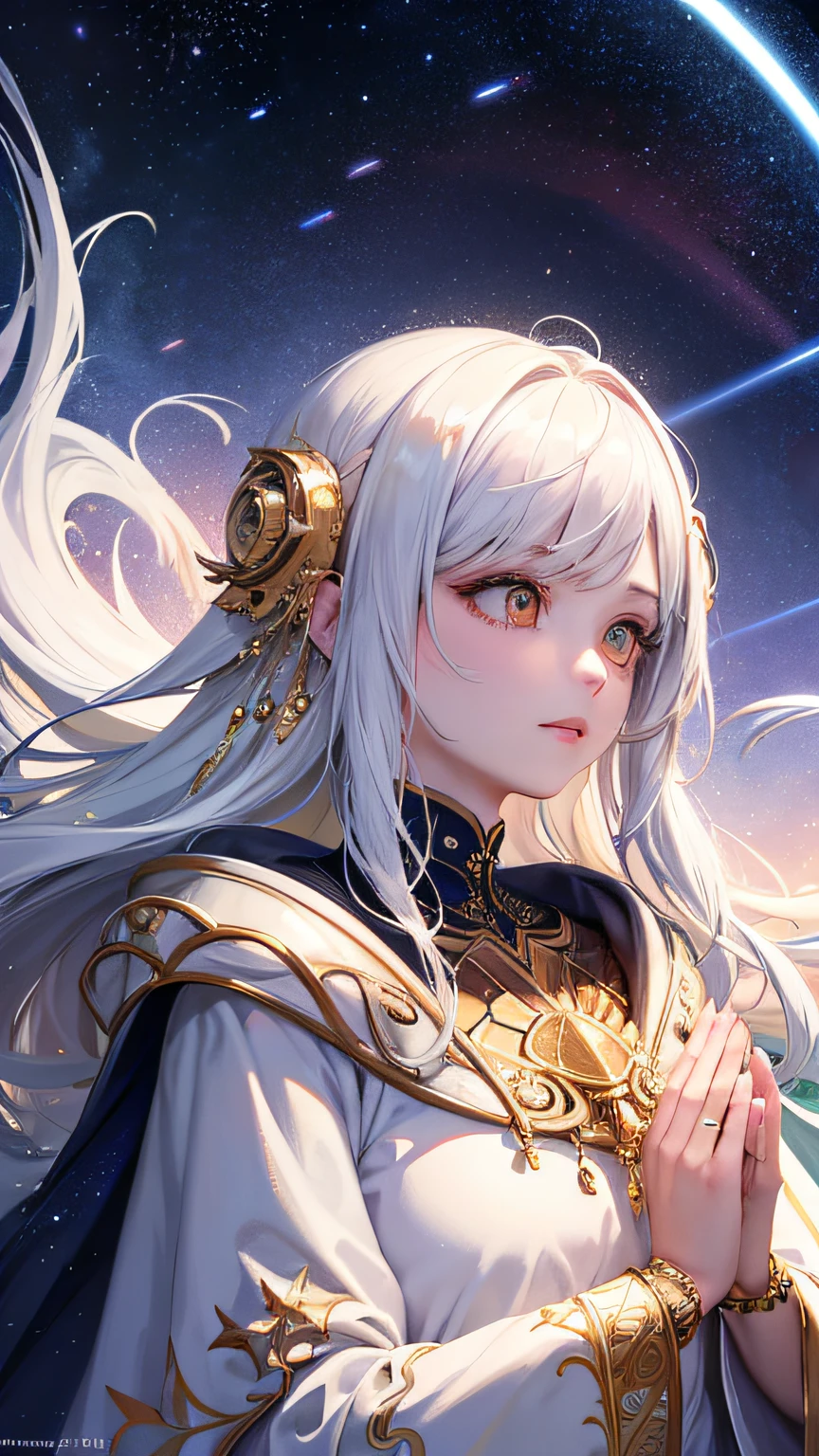 (tmasterpiece,top-quality,best qualityer,offcial art,Beauty and aesthetics:1.2),(1girll),extremy detailed,(s fractal art:1.3),rich colourful,highest details,s the perfect face,The upper part of the body,HDR,(DOA:1.3),(white cloak golden lines:1.2),galaxias,(light stre),striking visual effects,(dynamic streaks,Luminous trajectory:1.2),vivd colour,Wears expensive gold headdresses