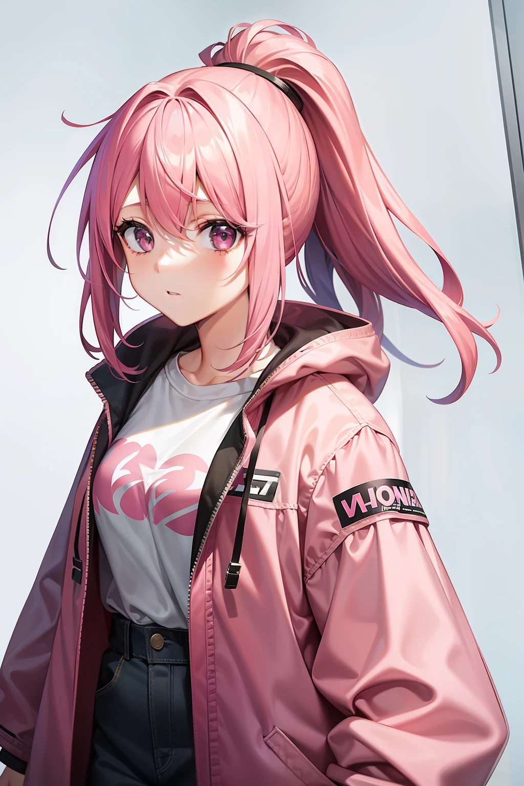 Pink hair,s girl,The upper part of the body,Light dark circles,Pink coat,High ponytail,Classroom interior