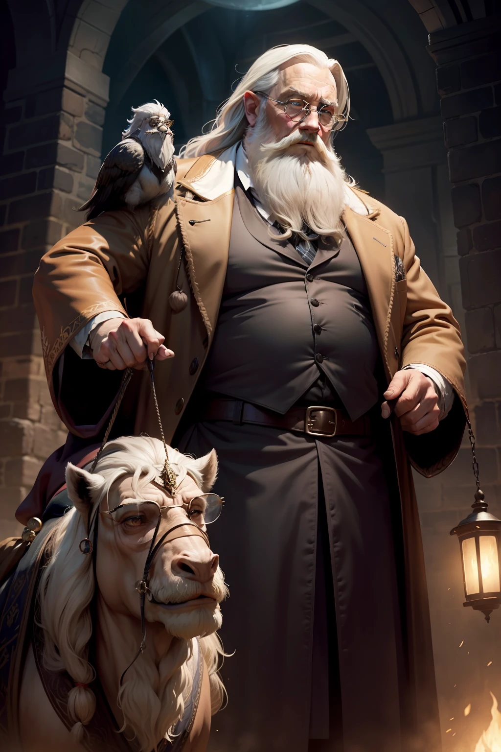 dumbledore，a old man，Big chest，wearing an outfit，muscle men， Man ,Wear half-moon glasses，Realiy，Riding a camel