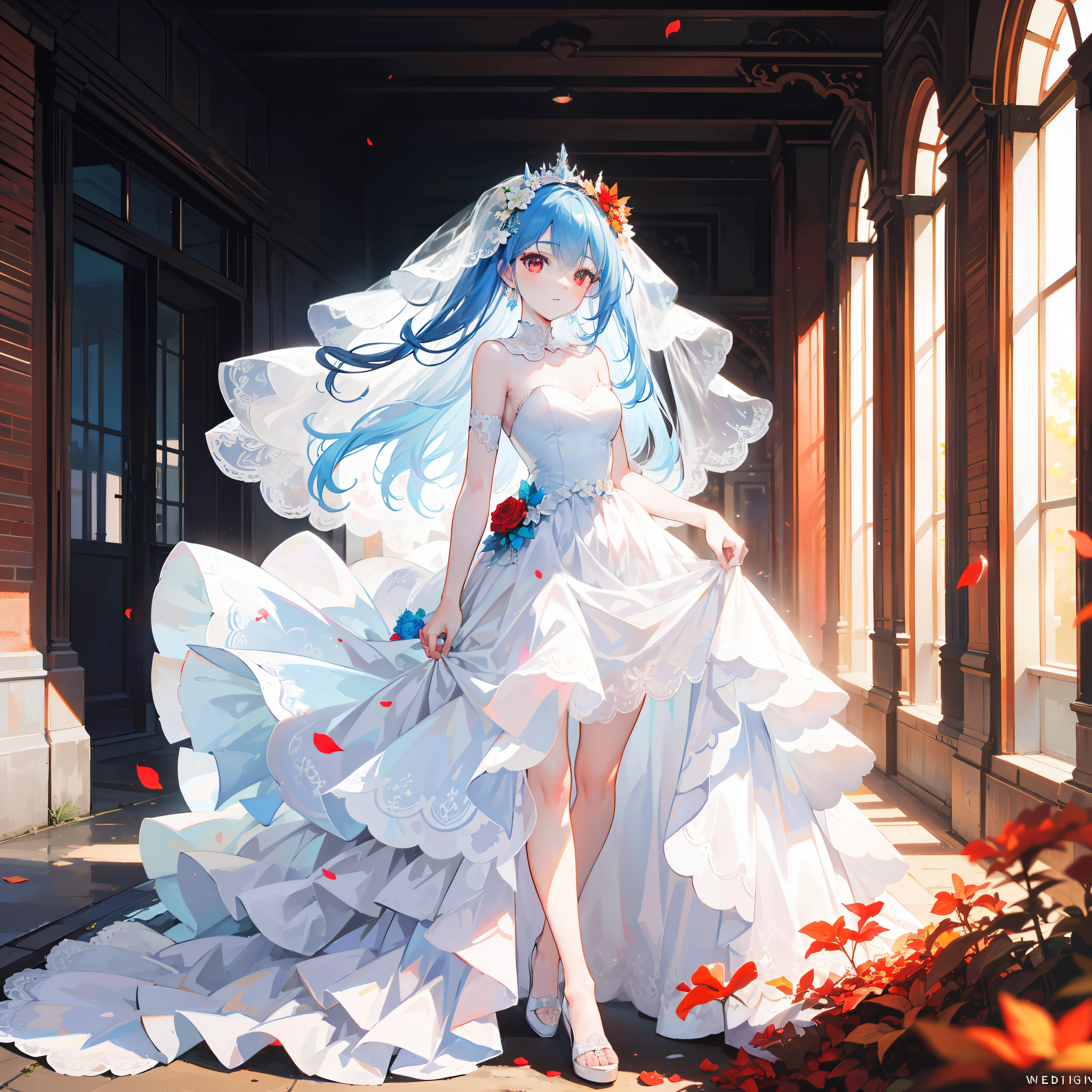 artistic photograph, Real light and shadow on a sunny day,autumnal,On the road,((Wedding Dress)),1 beautiful girl,The upper part of the body,Lateral face,(((Long light blue hair))),Red eyes,(long hair),(Red petal),windy