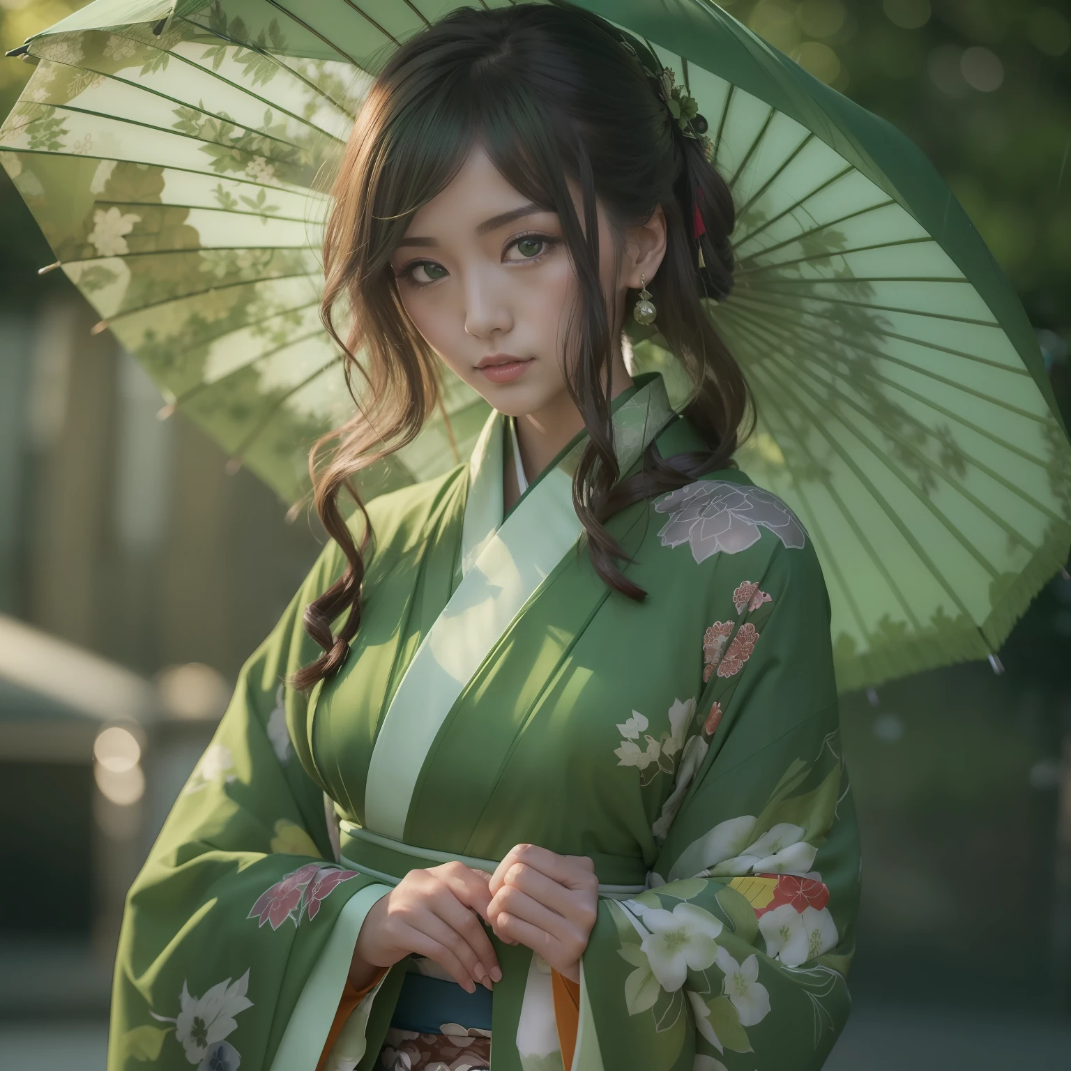 woman, (wearing green kimono_clothes:1.3), holding umbrella, holiday
good hand,4k, high-res, masterpiece, best quality, head:1.3,((Hasselblad photography)), finely detailed skin, sharp focus, (cinematic lighting), night, soft lighting, dynamic angle, [:(detailed face:1.2):0.2], medium breasts, outside,