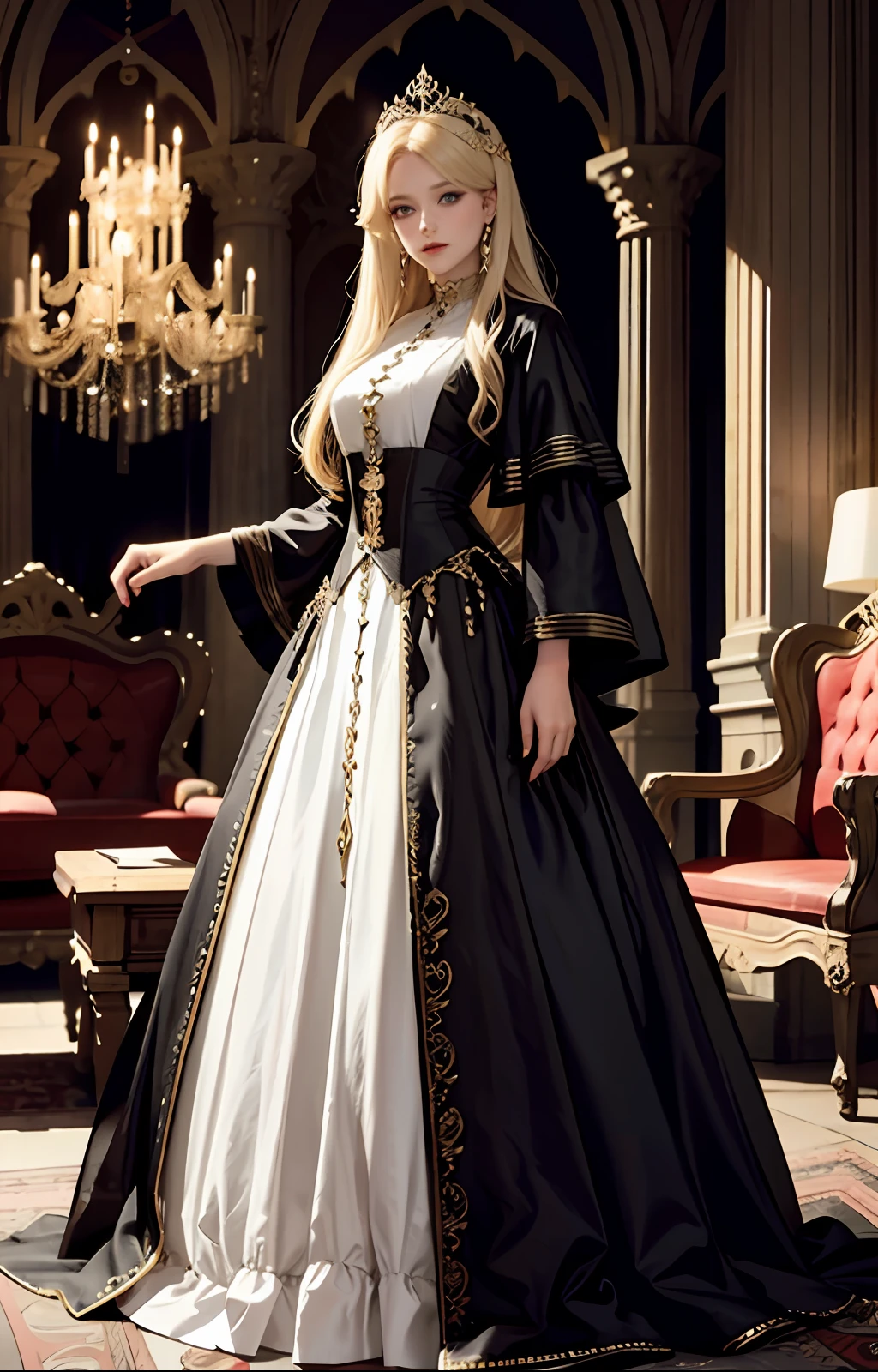European Princesse blond haïr long dress outfit convers full body and jewlery super sexy eyes glowing in gothic castle interior luxury