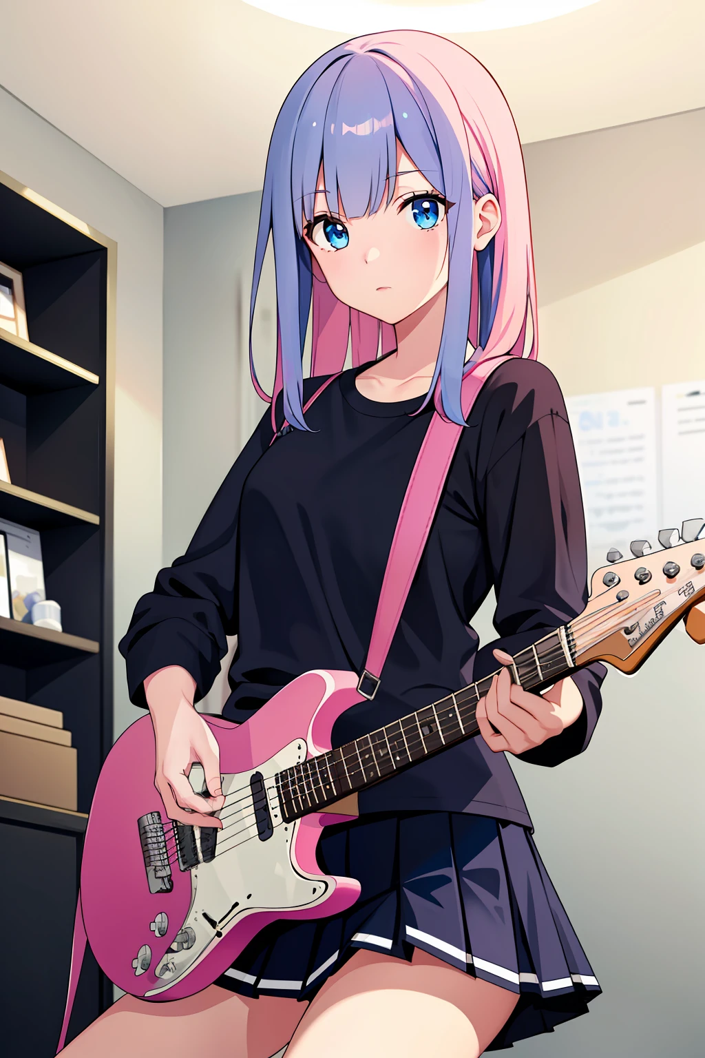 ((masterpiece,best quality))1girl, solo, black shirt, white skirt, blue eyes, long pink hair, playing guitar, pleated skirt, indoors