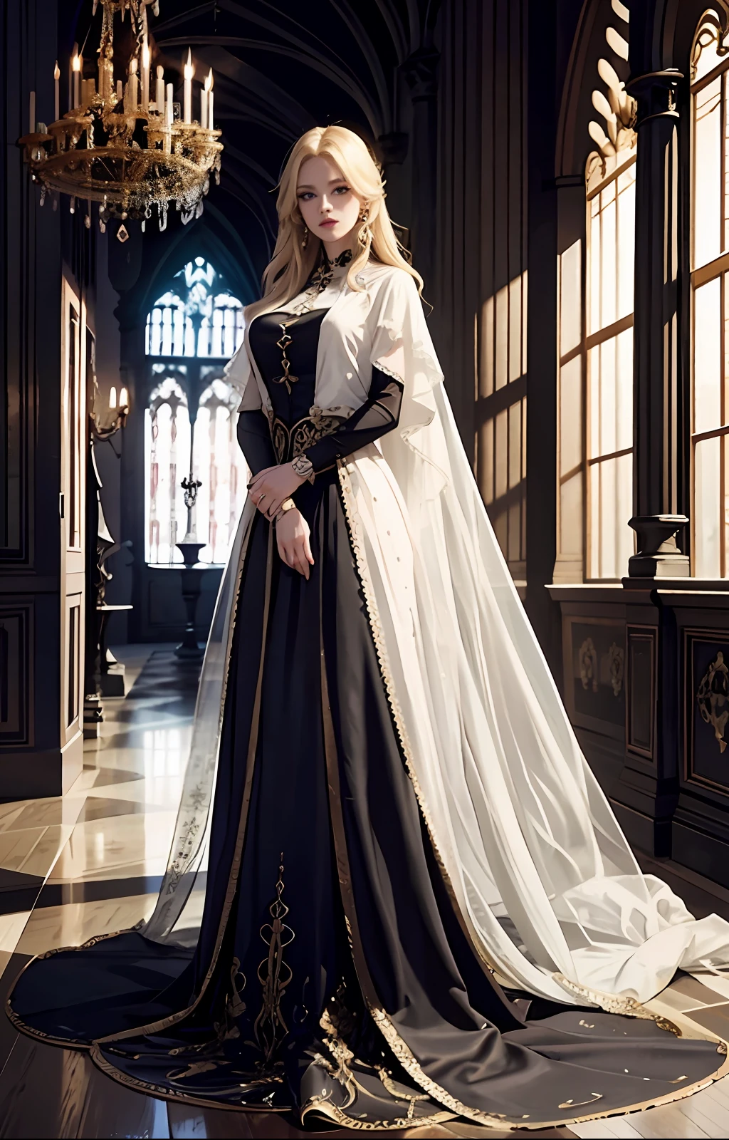 European Princesse blond haïr long dress outfit convers full body and jewlery super sexy eyes glowing in gothic castle interior luxury