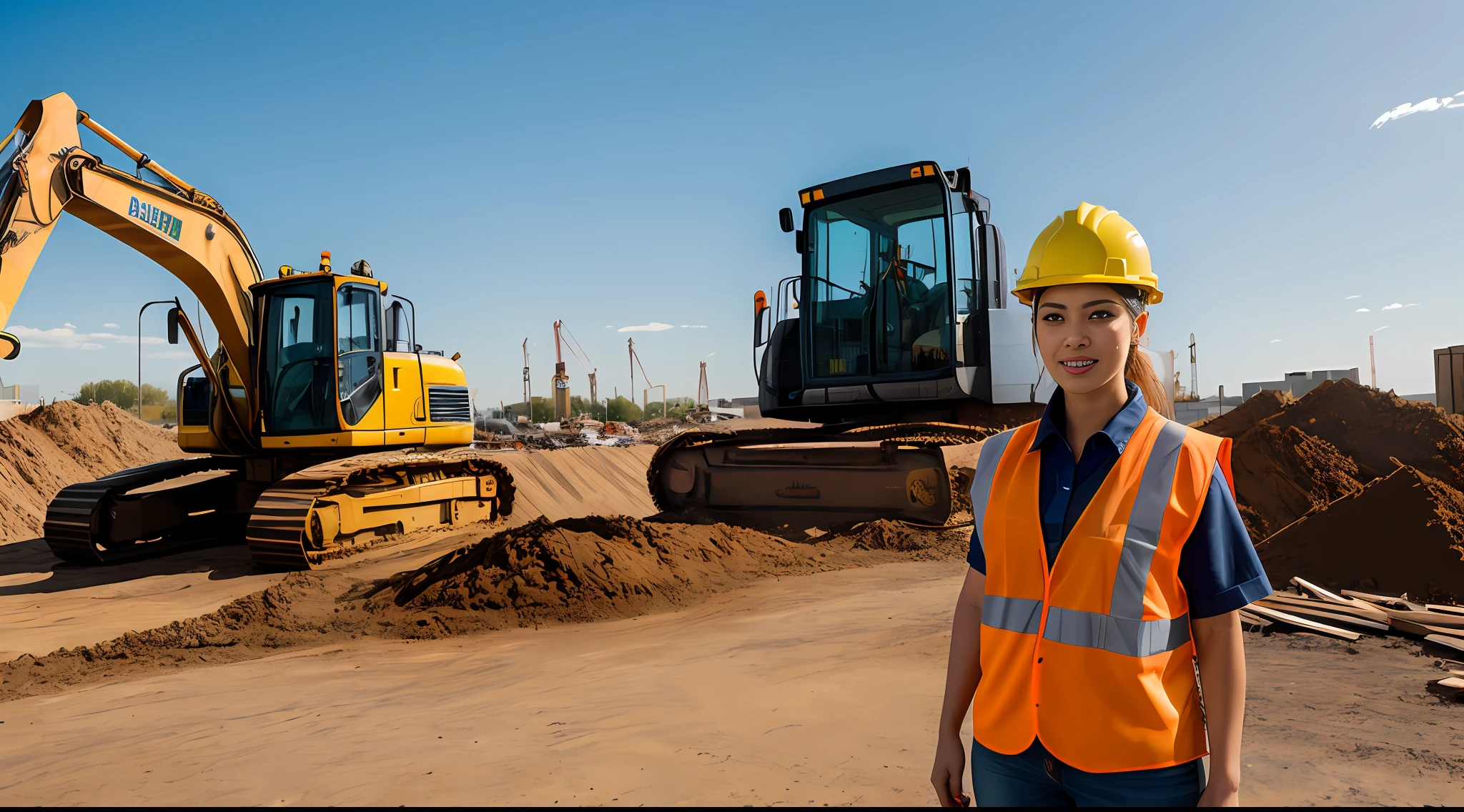 «»A photorealistic image of a professional female construction worker wearing a high-visibility orange safety vest, a yellow hard hat, and rugged work boots. She has a confident and determined expression on her face. The setting is an outdoor construction site with a mix of heavy machinery, construction materials, and scaffolding in the background. The image should be in a high-resolution 4K format, with studio lighting to showcase the details of her work attire and equipment. The camera shot type is a medium shot, capturing her from the waist up, and the camera lens used is a 70mm lens. The overall style should be realistic, portraying a modern construction site atmosphere. No specific artist's style is needed for this prompt.»»