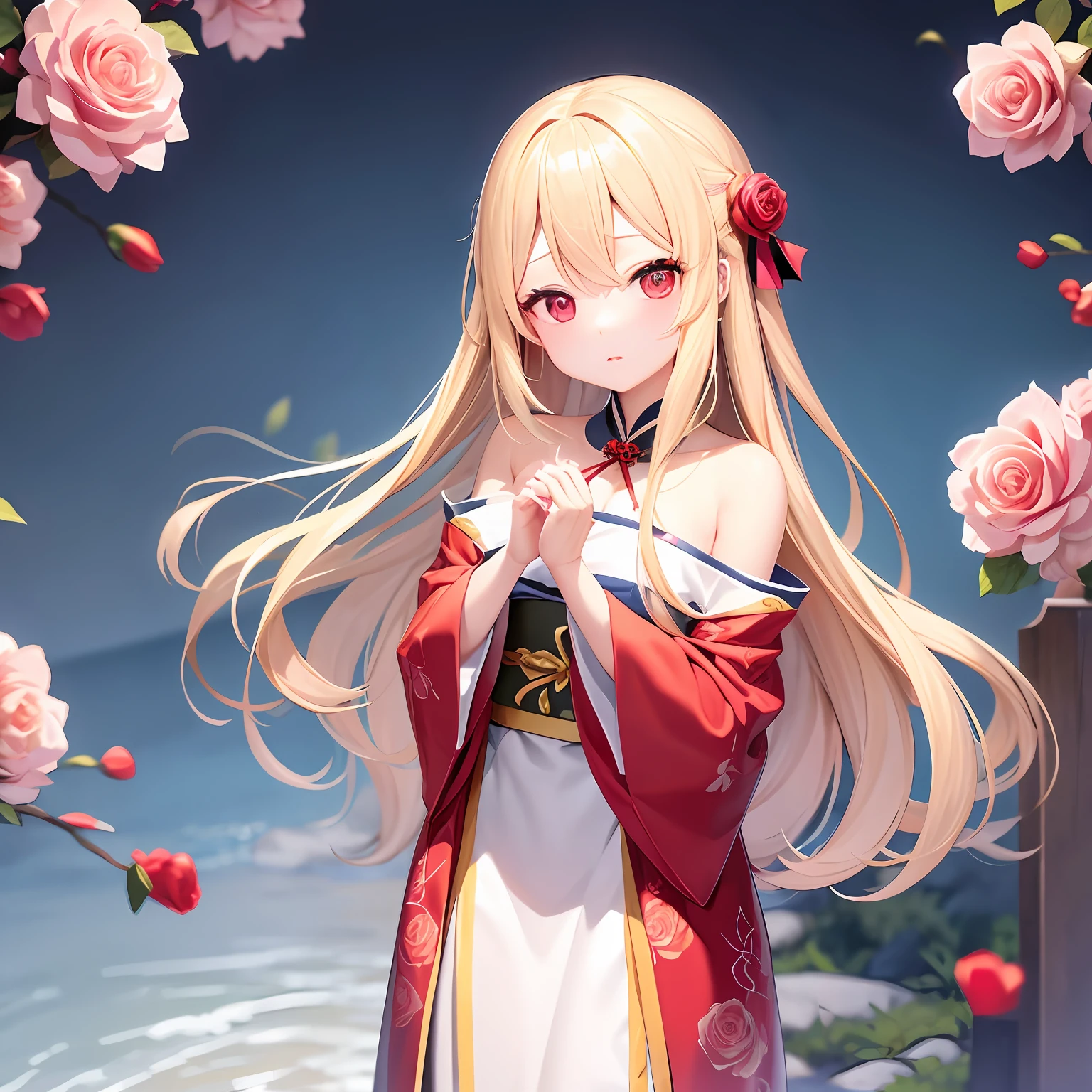 Long Blonde Hair、red eyes、One pretty girl、独奏、animesque、off shoulders、kimono、rose garden、Cold expression