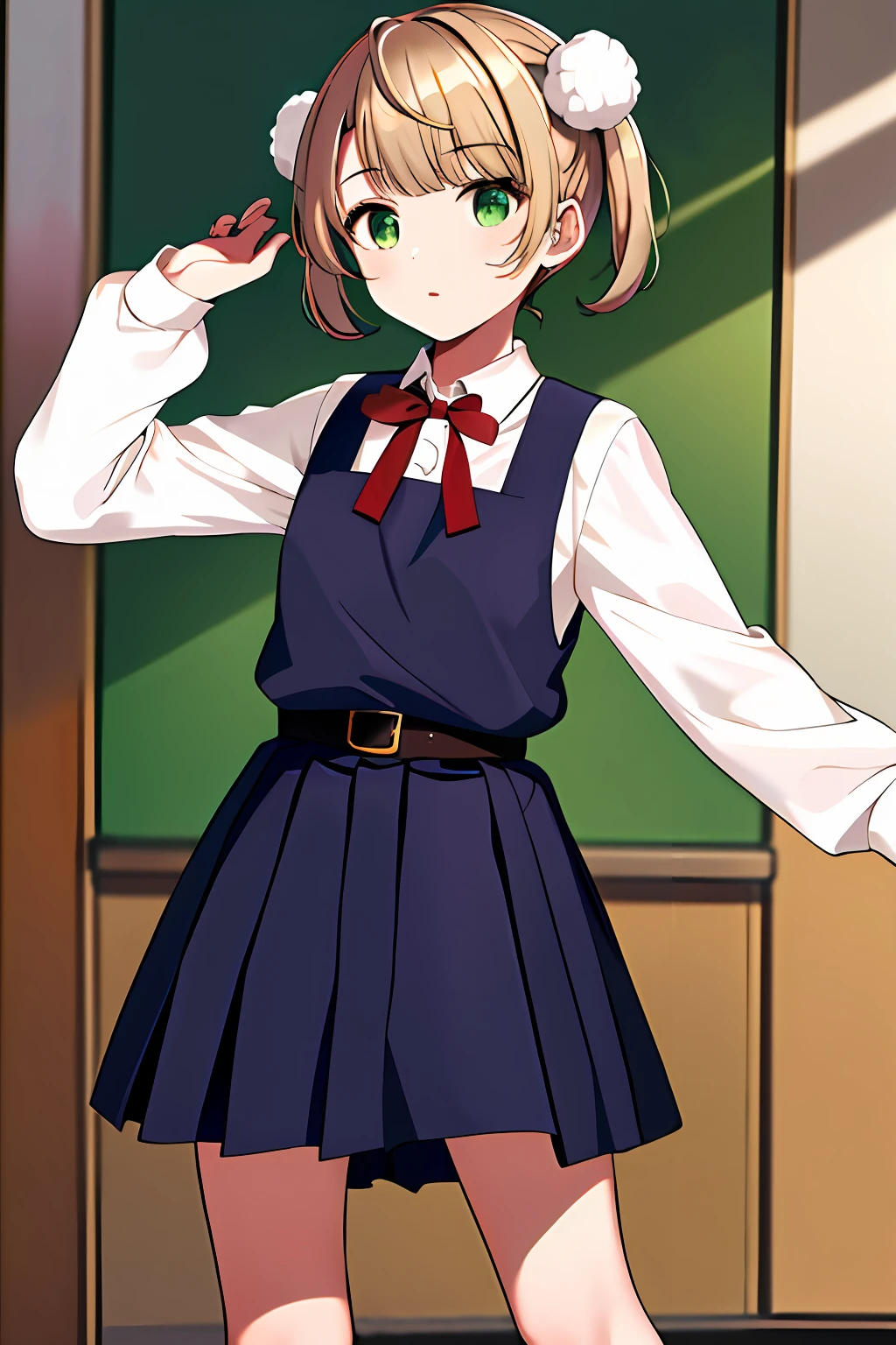 masterpiece, best quality, highres, ui3, 1girl, solo, green eyes, pom pom \(clothes\), pinafore dress, white shirt, white socks, long sleeves, aged down, short hair, belt, red bowtie, bangs, school uniform, blue dress, collared shirt, cowboy shot,