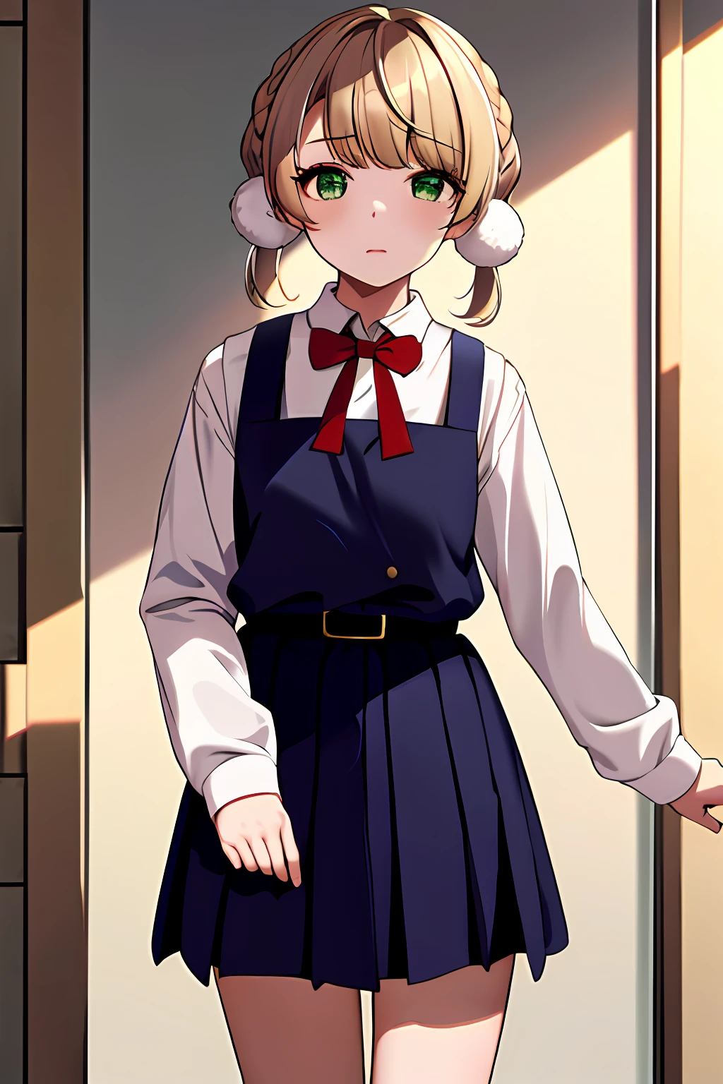 masterpiece, best quality, highres, ui3, 1girl, solo, green eyes, pom pom \(clothes\), pinafore dress, white shirt, white socks, long sleeves, aged down, short hair, belt, red bowtie, bangs, school uniform, blue dress, collared shirt, cowboy shot,