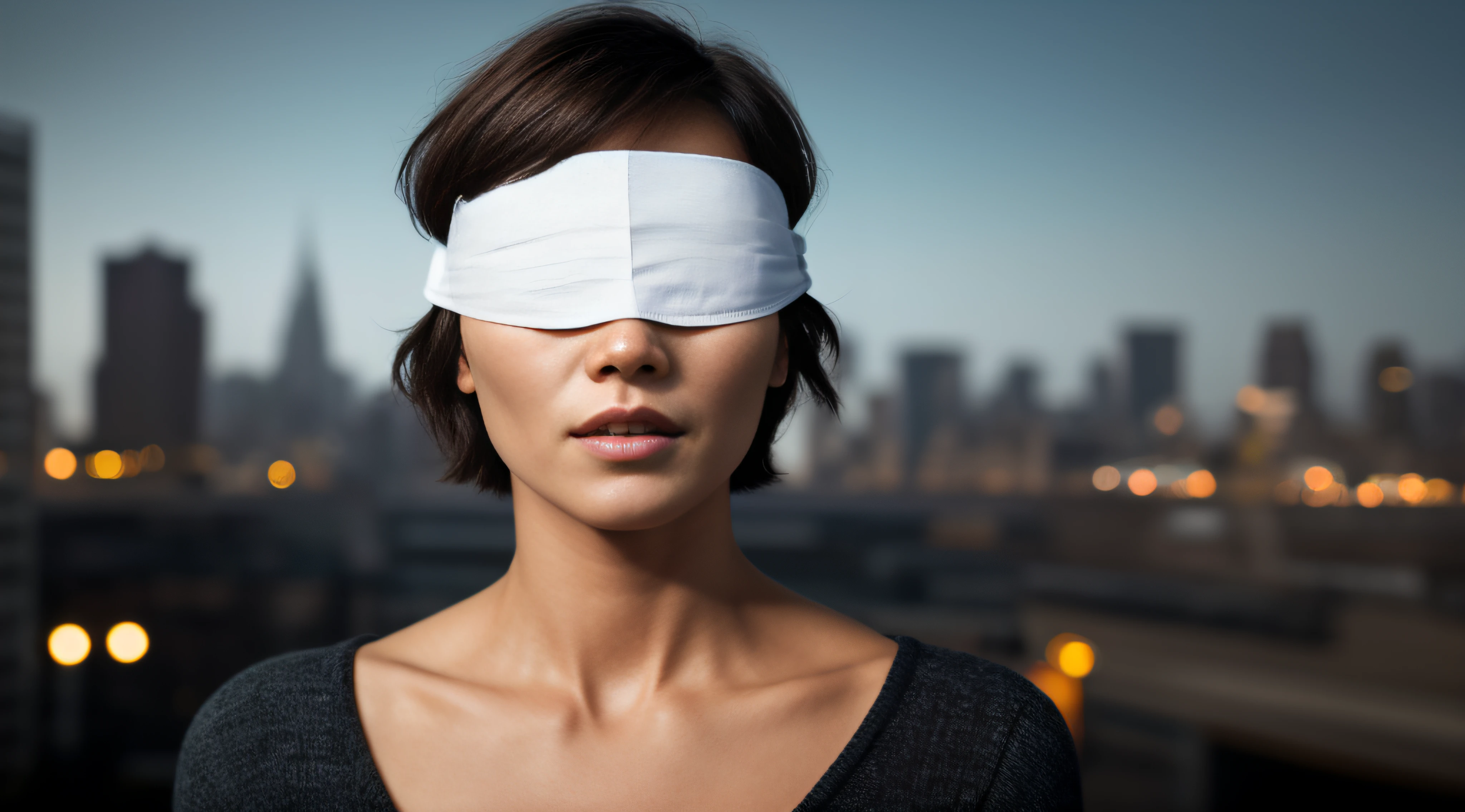 «»A photorealistic image of a feminist woman with very short hair,«» wearing a blindfold over her eyes as a symbol of her unwavering commitment to the fight for gender equality. The woman's short hair exudes a sense of empowerment and independence. Her confident stance and determined expression represent the strength of women in advocating for their rights. The blindfold serves as a powerful statement against the injustices and prejudices faced by women. The background can be a cityscape or a protest scene, highlighting the woman's role in inspiring change. The lighting should be impactful, with a mix of warm and cool tones, creating a dynamic and emotional atmosphere. The resolution is set at a professional 8K level, ensuring meticulous attention to detail in the woman's facial expressions and the textures of her short hair and the blindfold. The final image should be a powerful and realistic portrayal of the feminist woman, capturing the essence of her courage and determination.