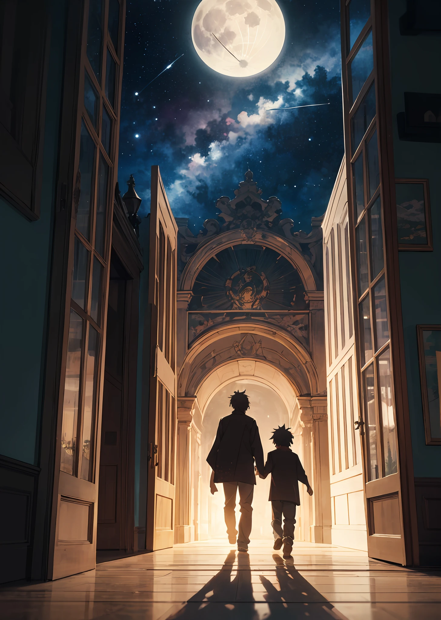 Anime scene: father and son walking in a field under a full moon,Walk through the doorway of the book,Highly detailed art in 4K,DreamlikeArt、detailed dreamscape、dreamy psychedelic anime、Intricate and epic composition、looking out into the cosmos