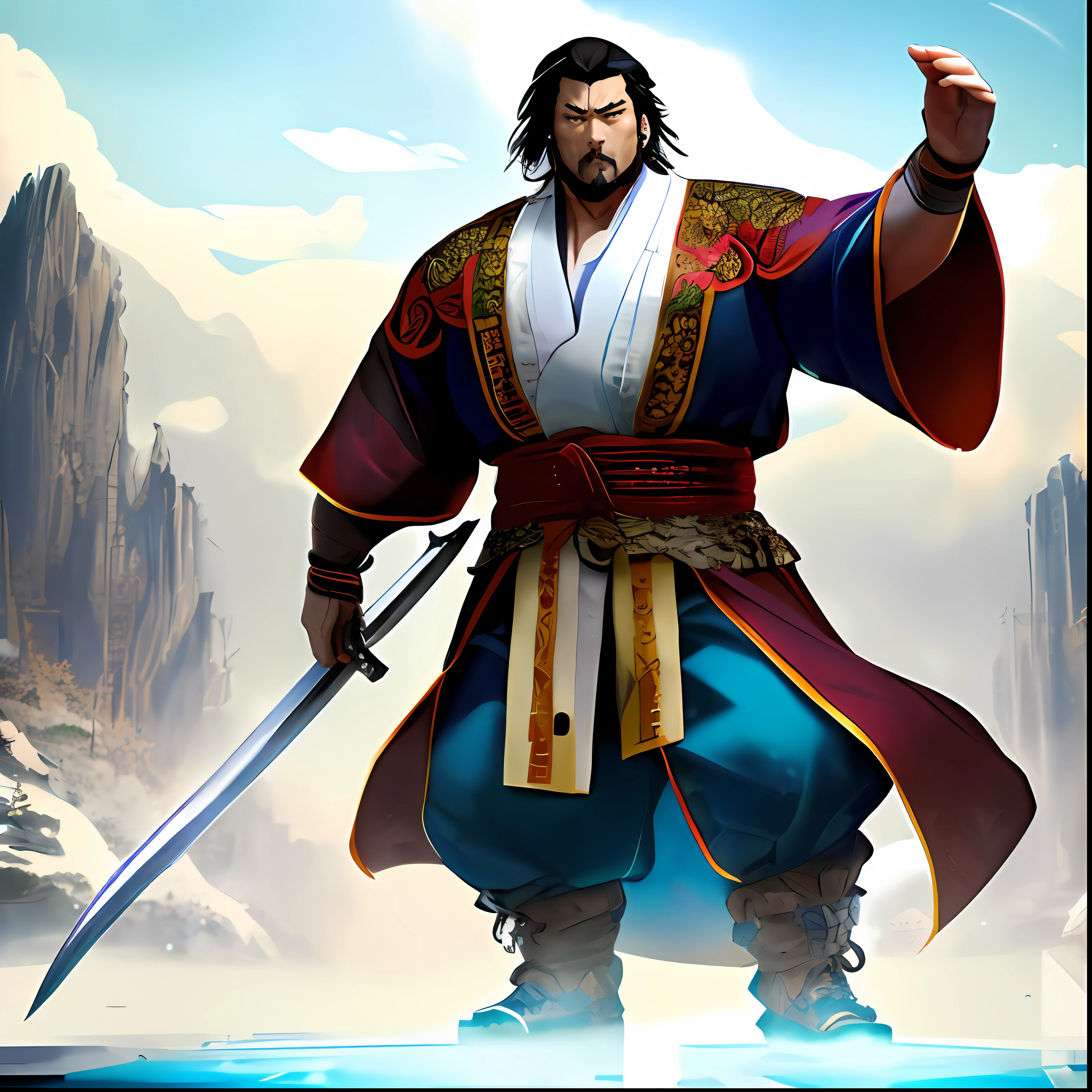 full body character,2D Anime,WLOP style,Mongolian big fat man,Mongolian costume,Simple dark background,
Martial artist wielding Mongolian sword,Gold Flower Embroidery, Very big fat man
Mongolian hairstyles,Very strong,Cool, Insanely detailed,Dramatic Lighting,
masutepiece,Smooth 8K,gopro,masutepiece,