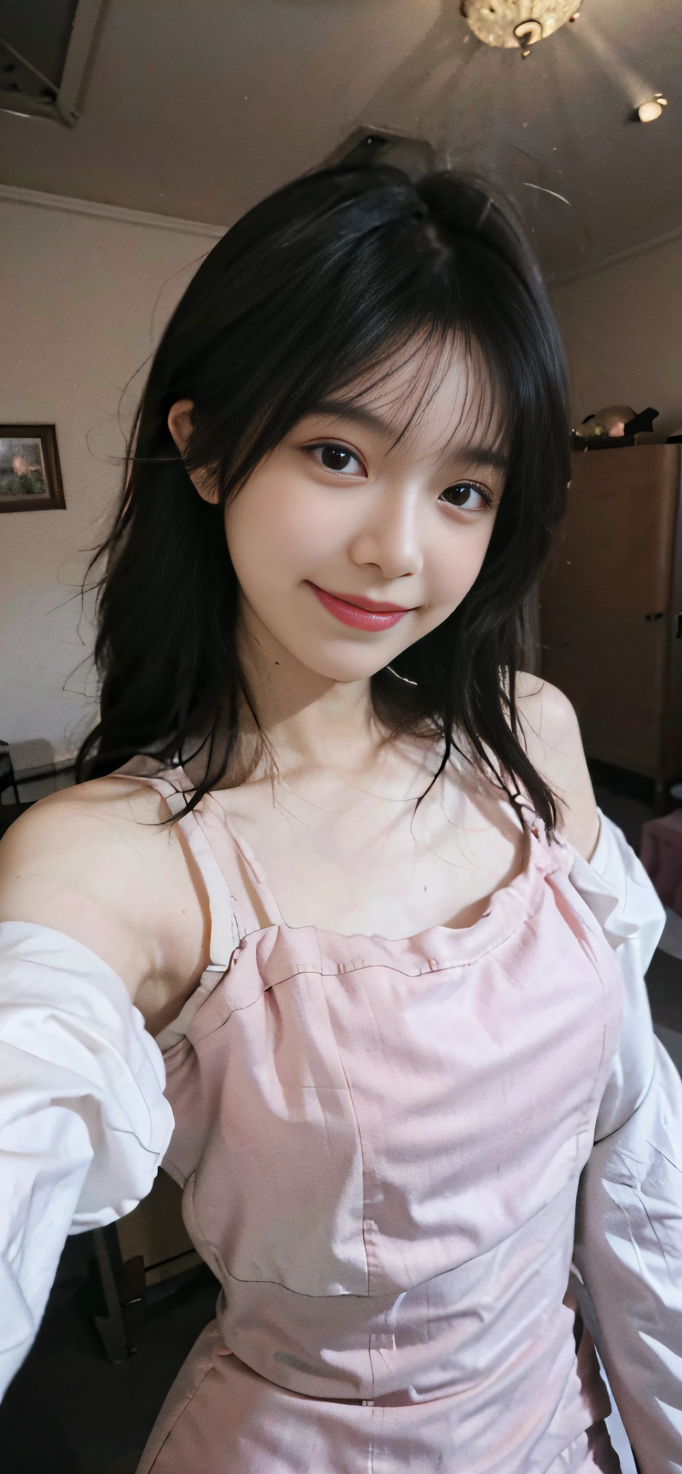 8K, Best Quality, Masterpiece, Ultra High Resolution, (Realism: 1.4), Original Photo, (True Skin Texture: 1.3), (Film Grain: 1.3), (Selfie Angle, Pink Dress, Tall Floor-to-Ceiling Windows), 1 Girl, Beautiful Eyes and Delicate Face Details, Masterpiece, Best Quality, Close-up, Upper Body, Looking at the Viewer, (Smile: 1.5)