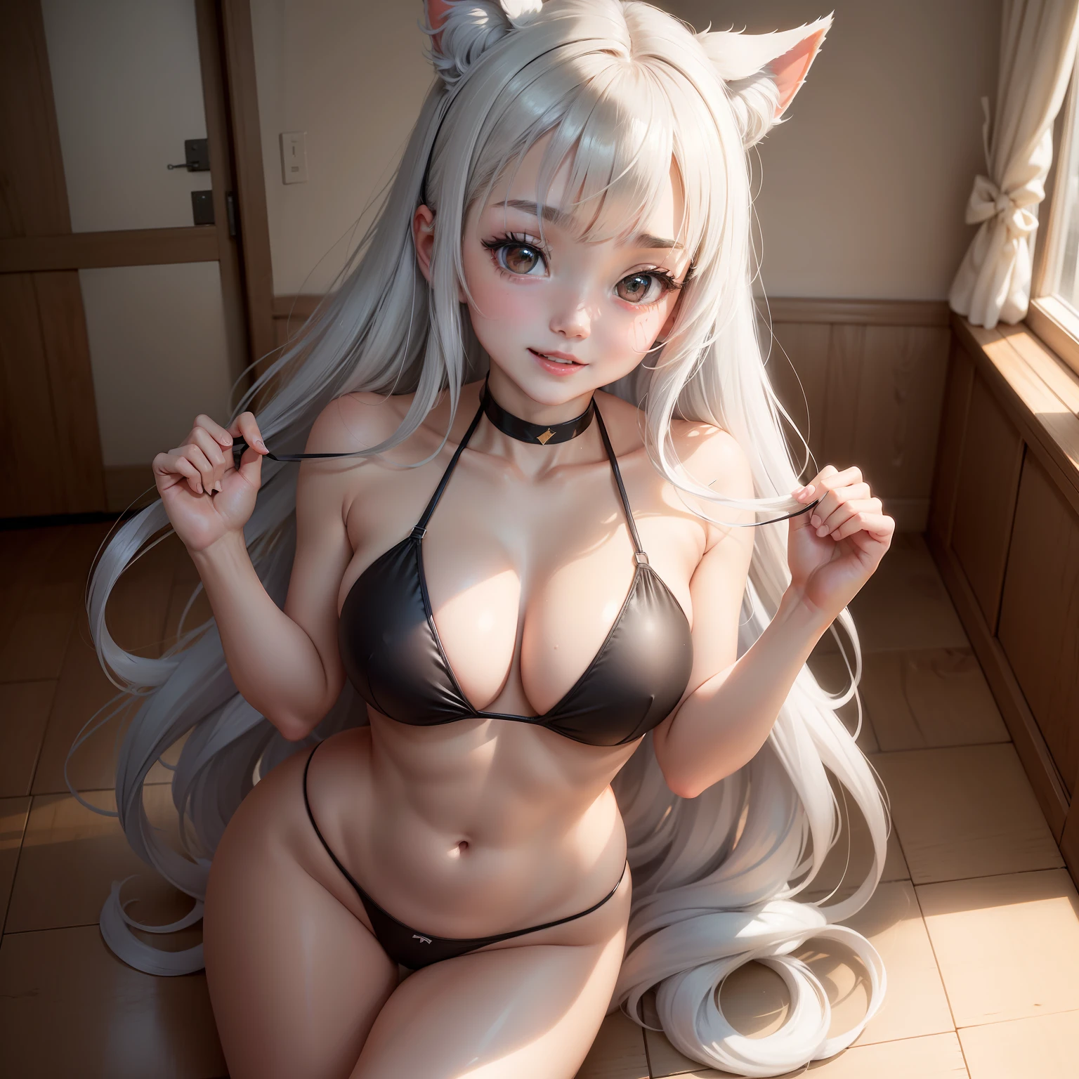 high-level image quality、​masterpiece、8K、detaileds、1 persons、独奏、teens girl、One person on the screen、Uma Musume（Hishia Miraku）、White silver hair、The bangs are in the center、long hair in the center、fluffy hair、shoulder length hair、Hair is straight、cuticle、lovely、Wonder-chan、Ribbon at right horse ear、Red ribbon on the head、very long pointed horse ears,,,,,,、Full body like、Light brown eyes、Thin eyebrows、Calm eyes、Soft eyes、drooing eyes、huge smile、Fluffy smile、Carbide Chest、Black Micro Bikini Swimsuit、swimsuit shiny、Mature Woman、younger sister、Pichi Pichi swimsuit、 show through、Pubic hair soothing、  Standing、full of sweat、perspiring、Love Juice、Raise your hands up、Grab your head with both hands、M-shaped legs、lying back on、Supine position、The gaze is watching the viewing、Open your mouth、Lying on the floor、in a house、Night、Hotel、Red cheeks、excited、Ecstatic look、Imarathion、full body Esbian