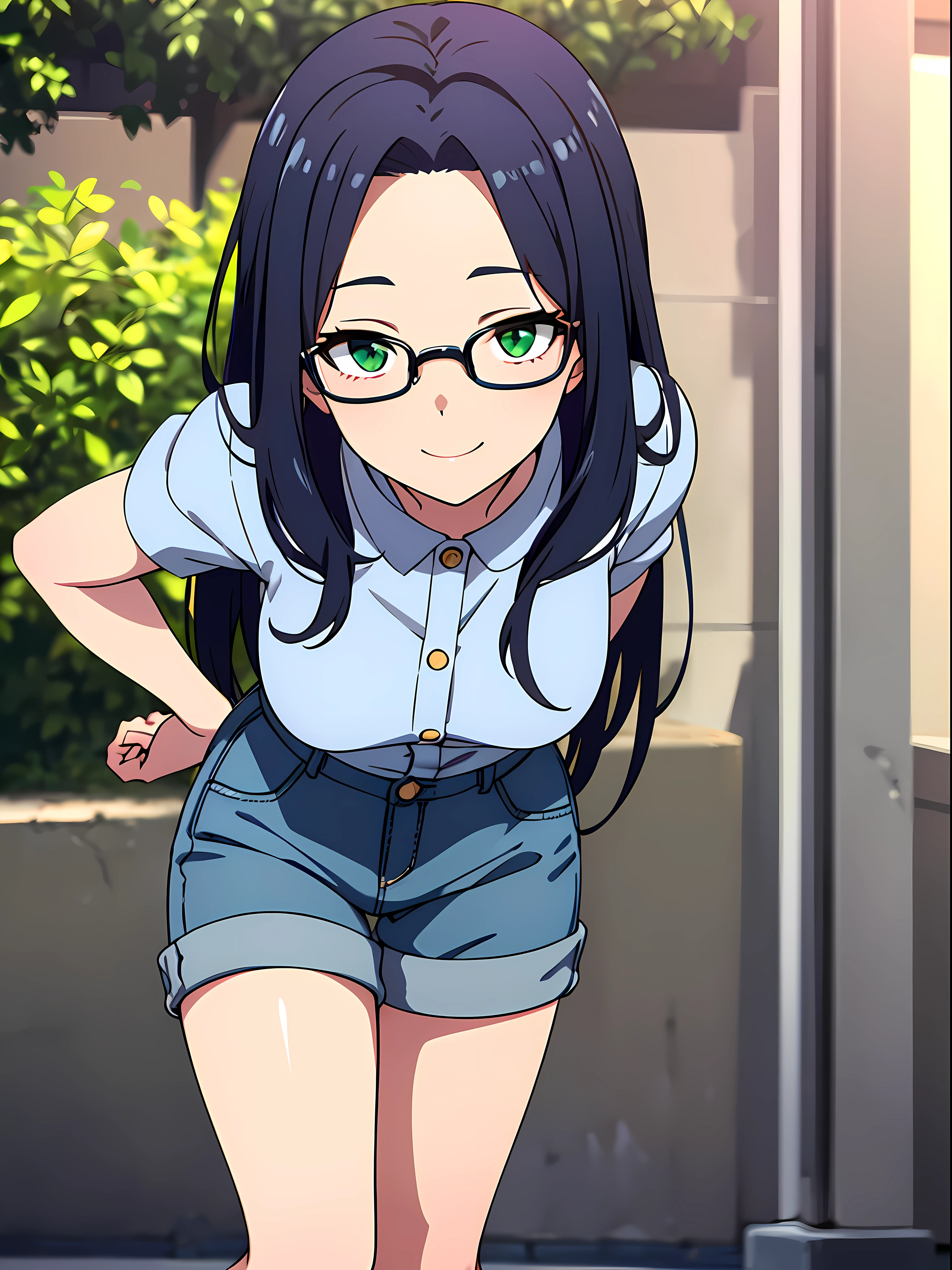 (masterpiece), best quality, expressive eyes, perfect face, 1girl, solo, (bokeh: 1.2) , (illustration: 1.1), (best eyes: 1.3), (beautiful and clear background: 1.25), (extremely detailed CG unity 8k wallpaper: 1.1), (colorful: 0.9), (depth of field: 0.75),
(detailed eyes: 1.4), dynamic view, (forehead: 1.8), dark blue hair, long hair, bright eyes, white glasses, green eyes,
(Grey Denim shirt: 1.4), button on, (denim short pant), black leather shoes, show legs, tall body, medium breast,
looking_at_viewer, smile, park, outdoor, warm, sunny, sunray, cute pose