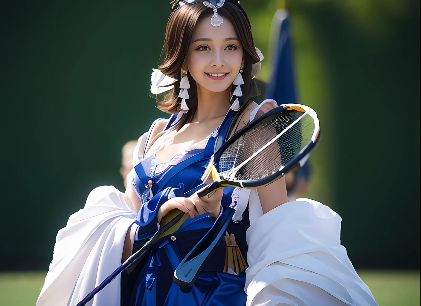 a smile、Close up portrait of costumed woman holding tennis racket,