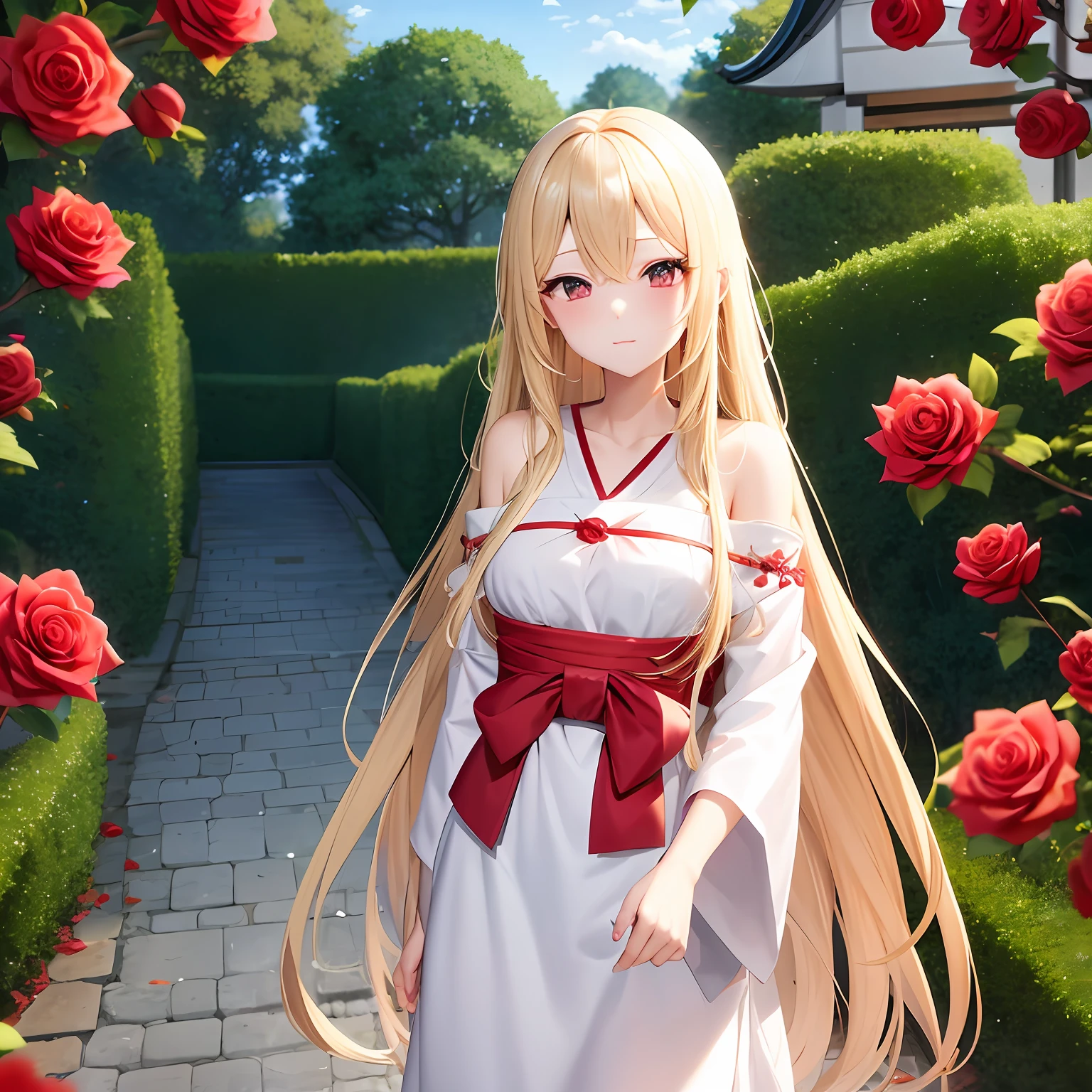 Long Blonde Hair、red eyes、One pretty girl、独奏、animesque、off shoulders、kimono、rose garden、Cold expression