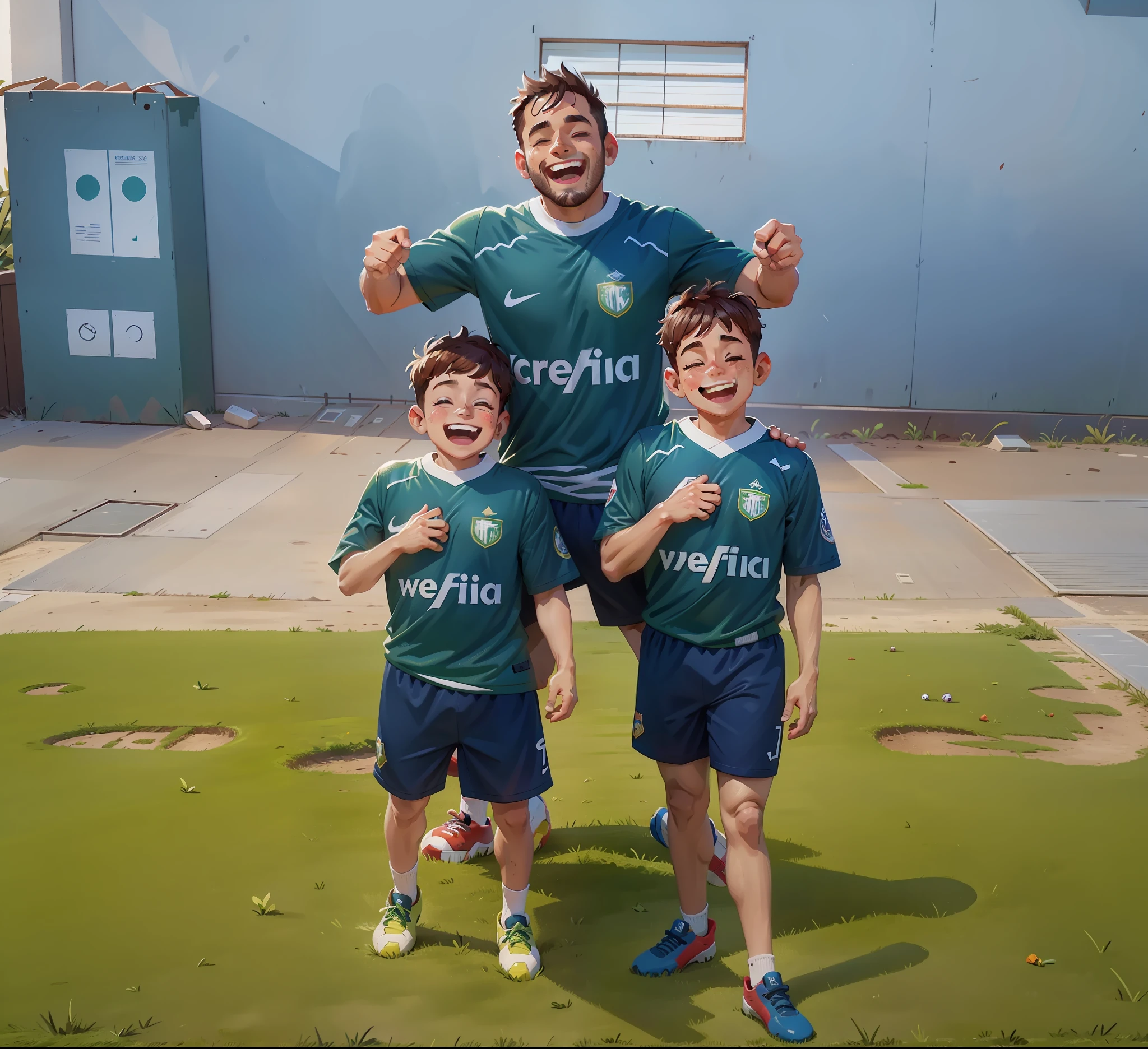 transforma essa foto em um desenho realista 4k, todos sorrindo felizes, troca o fundo por um campo de futebol