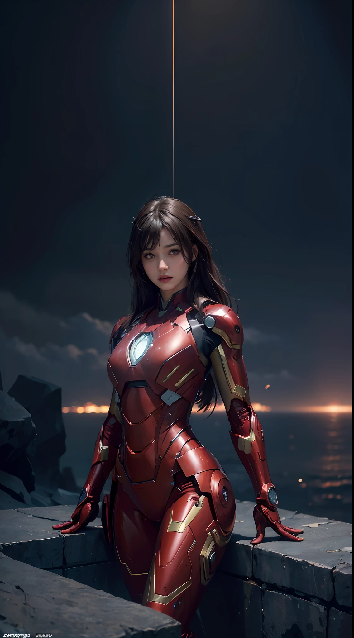 sexy woman, dressed as Iron Man from Marvel Comics, In the fortress of loneliness, Looks cool, (ultra realistis), (illustartion), (High Resolution), (8K), (Very detailed), (Best illustration), (Best Quality), (Ultra Detailed), (Masterpiece), 独奏, (dynamicpose), dark studio