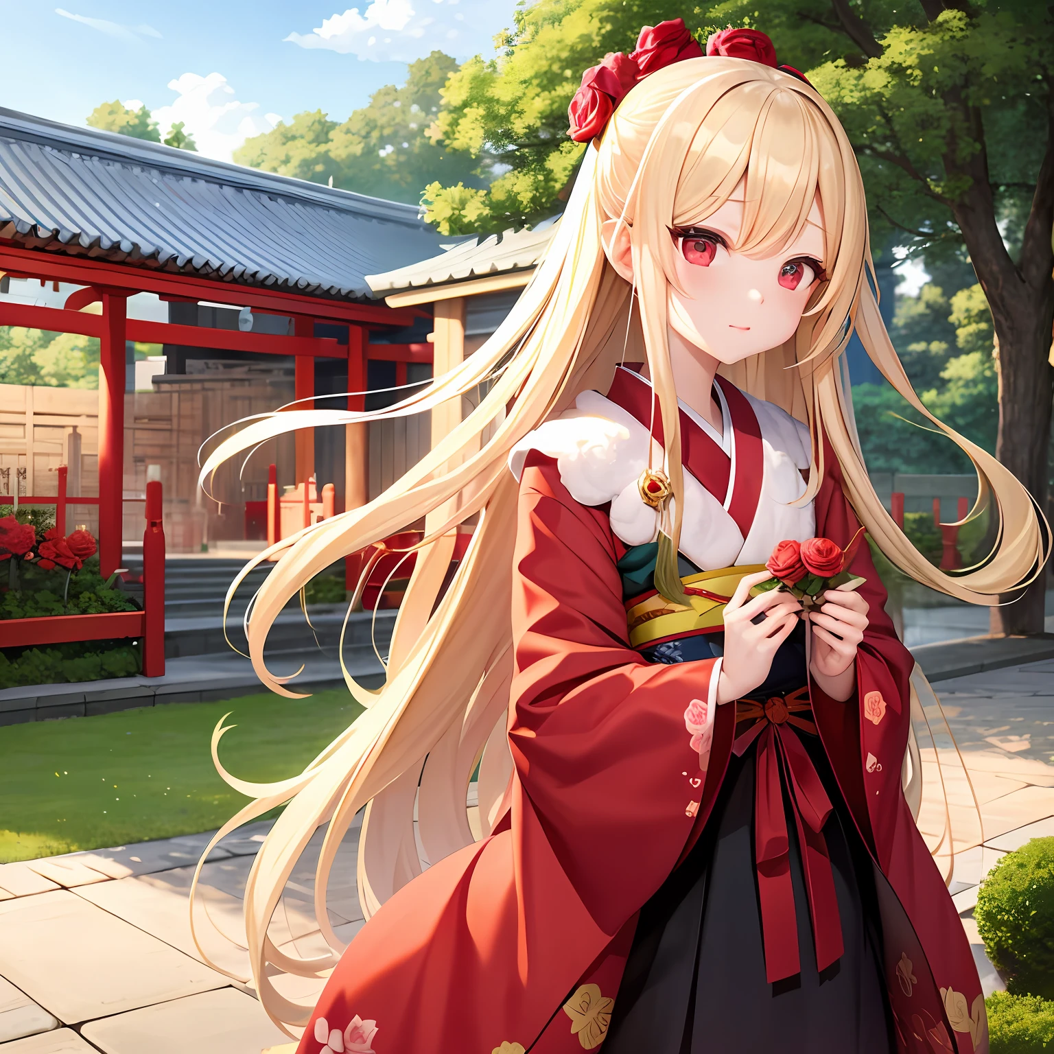 Long Blonde Hair、red eyes、One pretty girl、独奏、animesque、kimono、rose garden、Cold expression