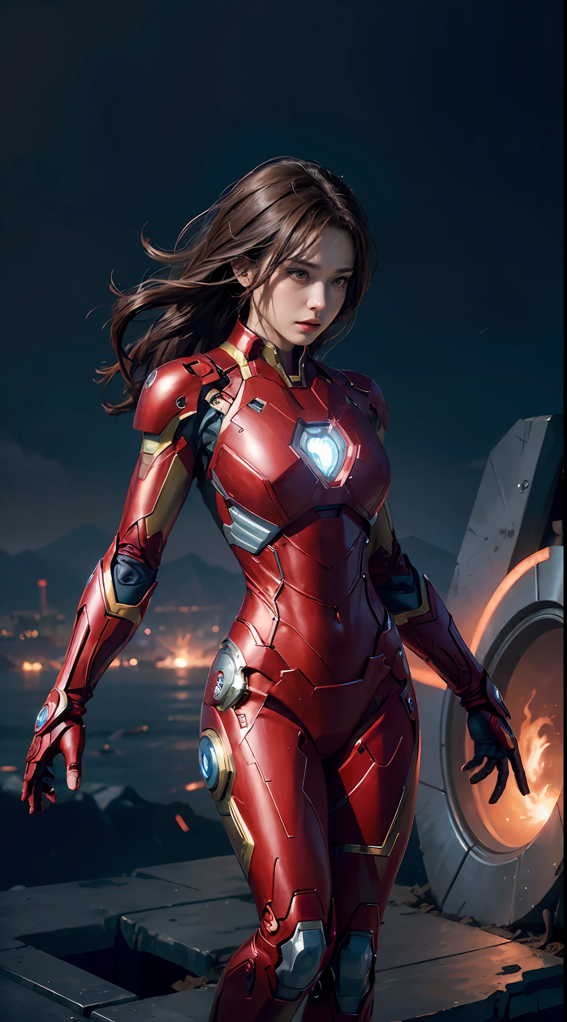 The woman, dressed as Iron Man from Marvel Comics, In the fortress of loneliness, Looks cool, (ultra realistis), (illustartion), (High Resolution), (8K), (Very detailed), (Best illustration), (Best Quality), (Ultra Detailed), (Masterpiece), 独奏, (dynamicpose), dark studio