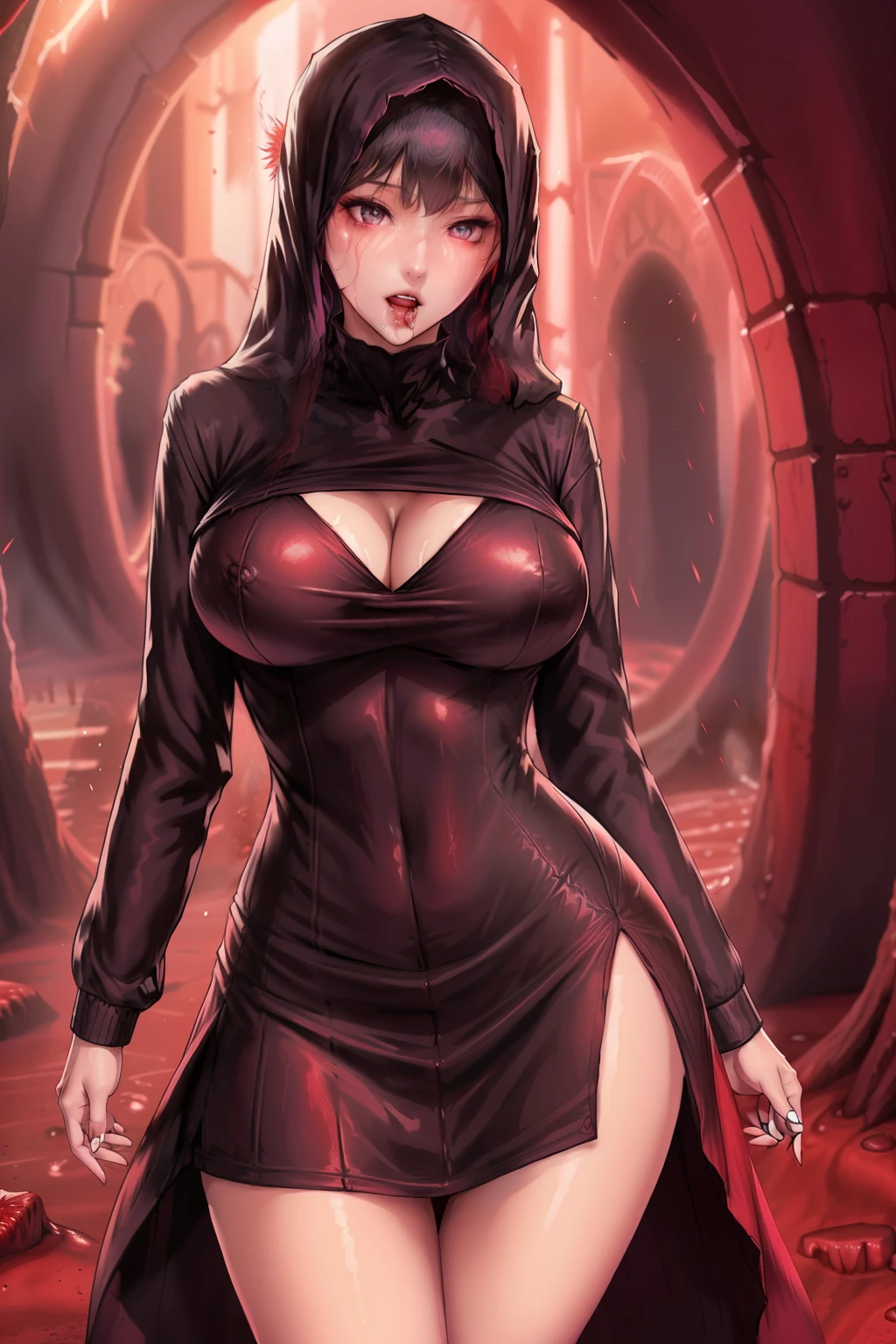 girl,hijab,sexy,hell,beautiful eyes,big breast,happy,screamed,demon outfit,hijab,wet demon angel red clothes and wet long skirt red outfit,in the crater of hell,blood,mouth vomiting blood