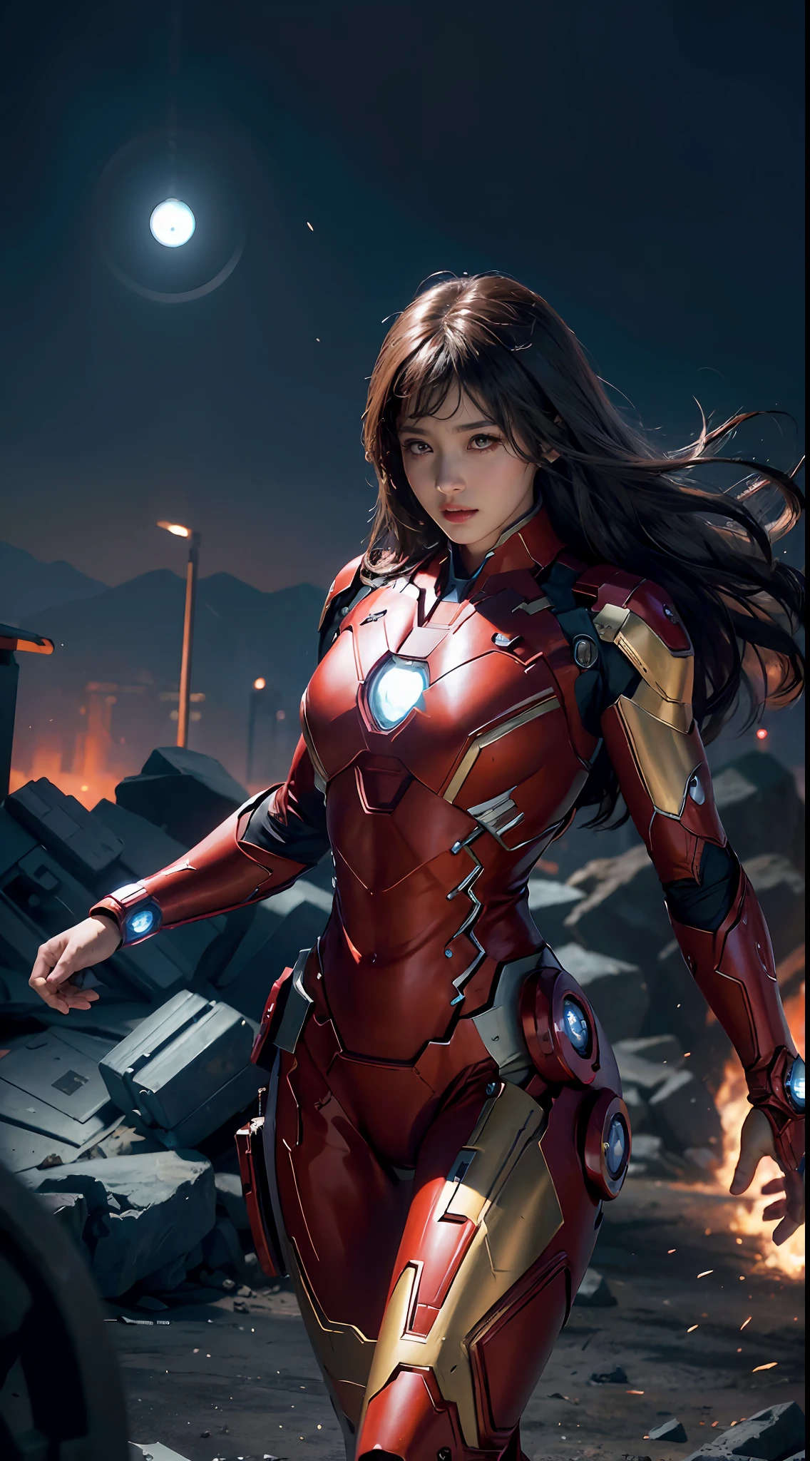 The woman, dressed as Iron Man from Marvel Comics, In the fortress of loneliness, Looks cool, (ultra realistis), (illustartion), (High Resolution), (8K), (Very detailed), (Best illustration), (Best Quality), (Ultra Detailed), (Masterpiece), 独奏, (dynamicpose), dark studio